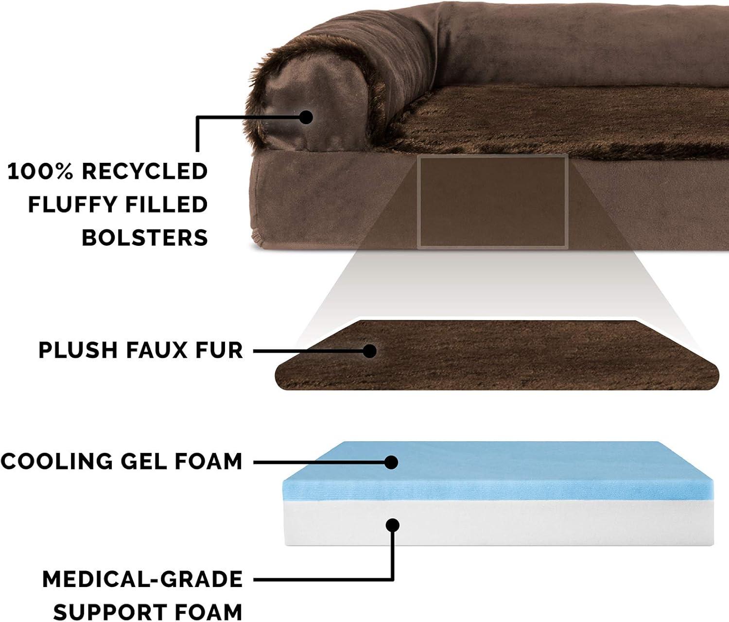 imageFurhaven Cooling Gel Dog Bed for MediumSmall Dogs w Removable Bolsters ampamp Washable Cover For Dogs Up to 35 lbs Pinsonic Quilted Paw L Shaped Chaise Titanium MediumPlush Velvet Sable Brown