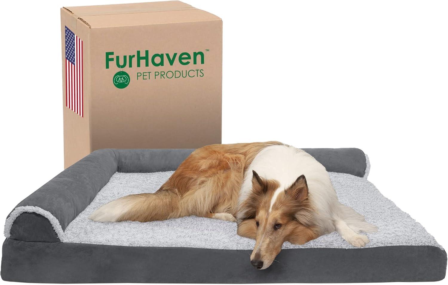 imageFurhaven Cooling Gel Dog Bed for MediumSmall Dogs w Removable Bolsters ampamp Washable Cover For Dogs Up to 35 lbs Pinsonic Quilted Paw L Shaped Chaise Titanium MediumTwoTone Faux Fur Suede Stone Gray