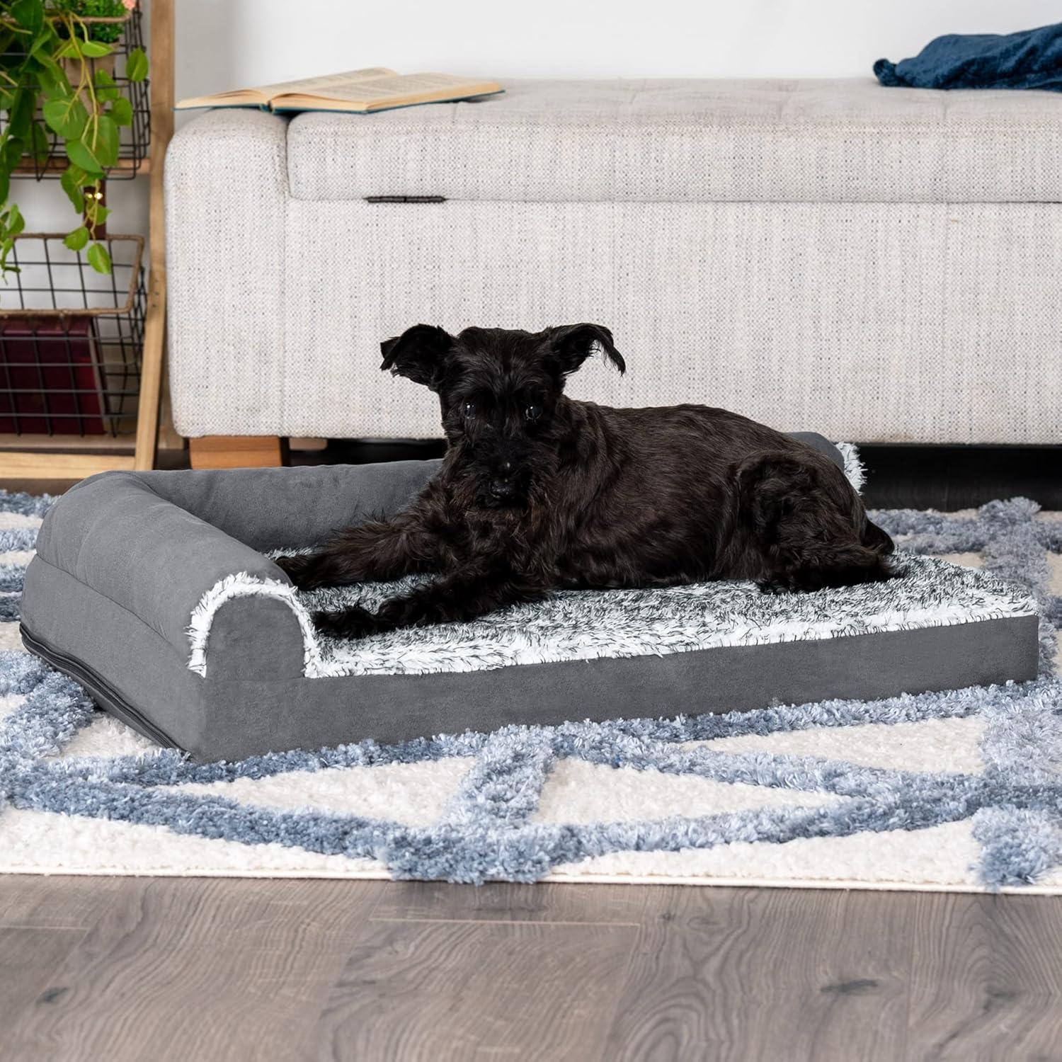 imageFurhaven Cooling Gel Dog Bed for MediumSmall Dogs w Removable Bolsters ampamp Washable Cover For Dogs Up to 35 lbs Pinsonic Quilted Paw L Shaped Chaise Titanium MediumTwoTone Faux Fur Suede Stone Gray