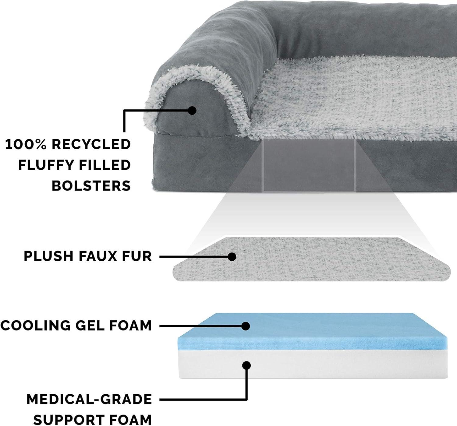 imageFurhaven Cooling Gel Dog Bed for MediumSmall Dogs w Removable Bolsters ampamp Washable Cover For Dogs Up to 35 lbs Pinsonic Quilted Paw L Shaped Chaise Titanium MediumTwoTone Faux Fur Suede Stone Gray