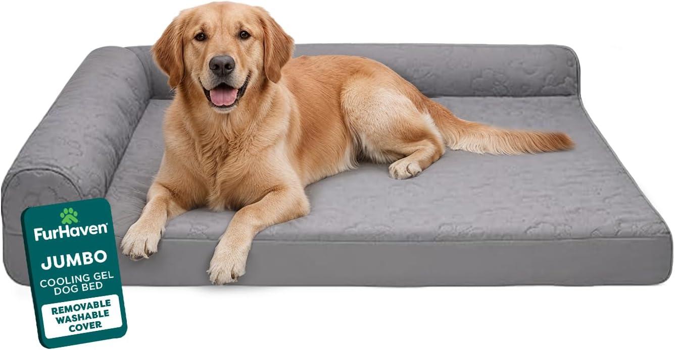 imageFurhaven Cooling Gel Dog Bed for MediumSmall Dogs w Removable Bolsters ampamp Washable Cover For Dogs Up to 35 lbs Pinsonic Quilted Paw L Shaped Chaise Titanium MediumQuilted Paw Titanium
