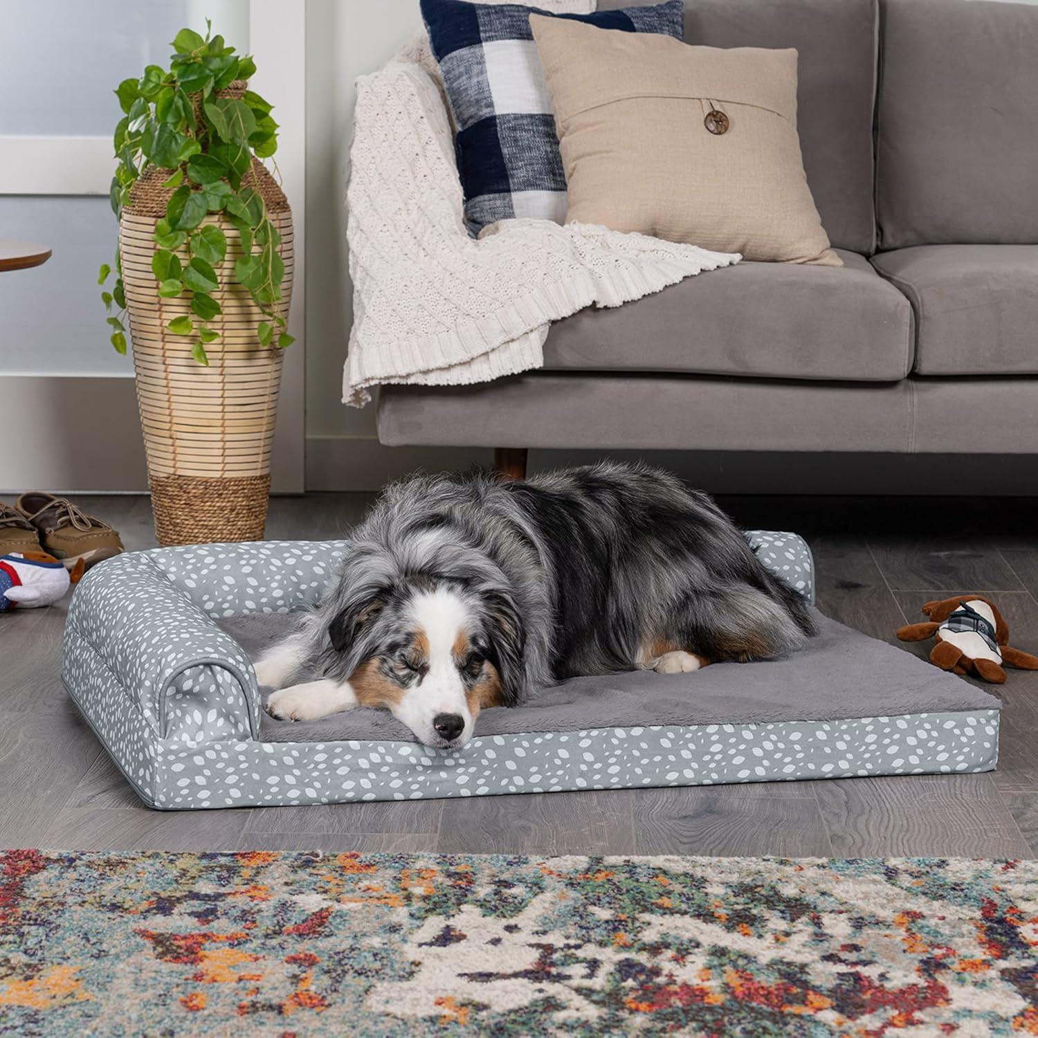 imageFurhaven Cooling Gel Dog Bed for MediumSmall Dogs w Removable Bolsters ampamp Washable Cover For Dogs Up to 35 lbs Pinsonic Quilted Paw L Shaped Chaise Titanium MediumPlush Almond Print Gray Almonds