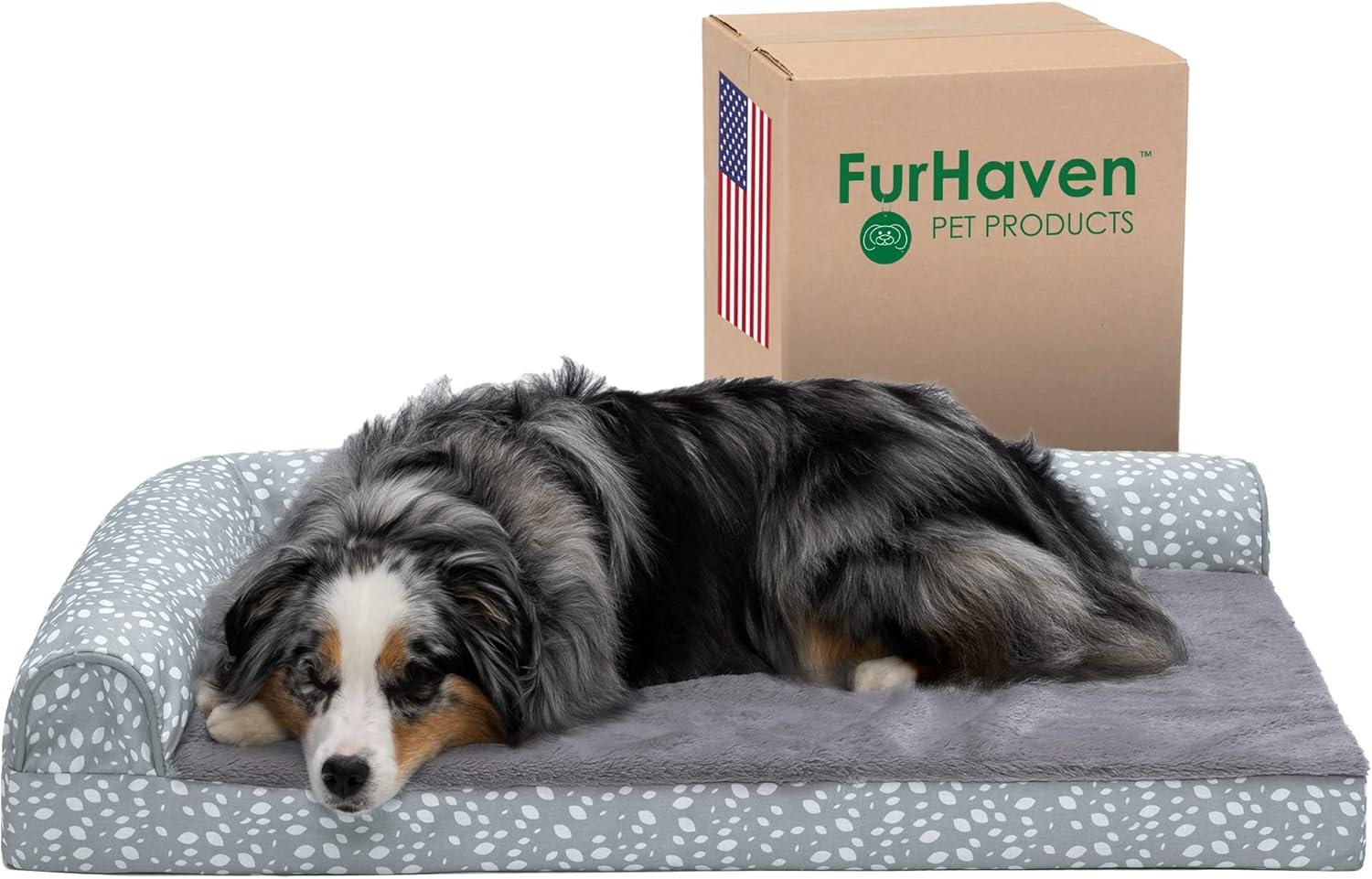 imageFurhaven Cooling Gel Dog Bed for MediumSmall Dogs w Removable Bolsters ampamp Washable Cover For Dogs Up to 35 lbs Pinsonic Quilted Paw L Shaped Chaise Titanium MediumPlush Almond Print Gray Almonds
