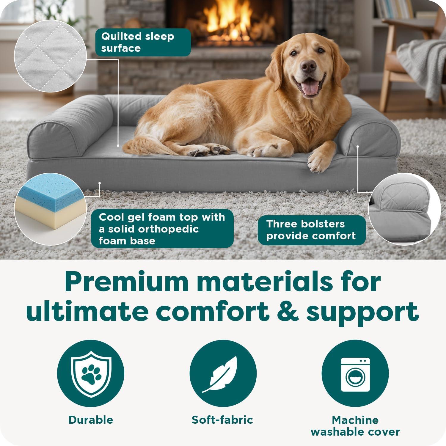 imageFurhaven Cooling Gel Dog Bed for MediumSmall Dogs w Removable Bolsters ampamp Washable Cover For Dogs Up to 35 lbs Pinsonic Quilted Paw L Shaped Chaise Titanium MediumTwoTone Faux Fur Suede Stone Gray