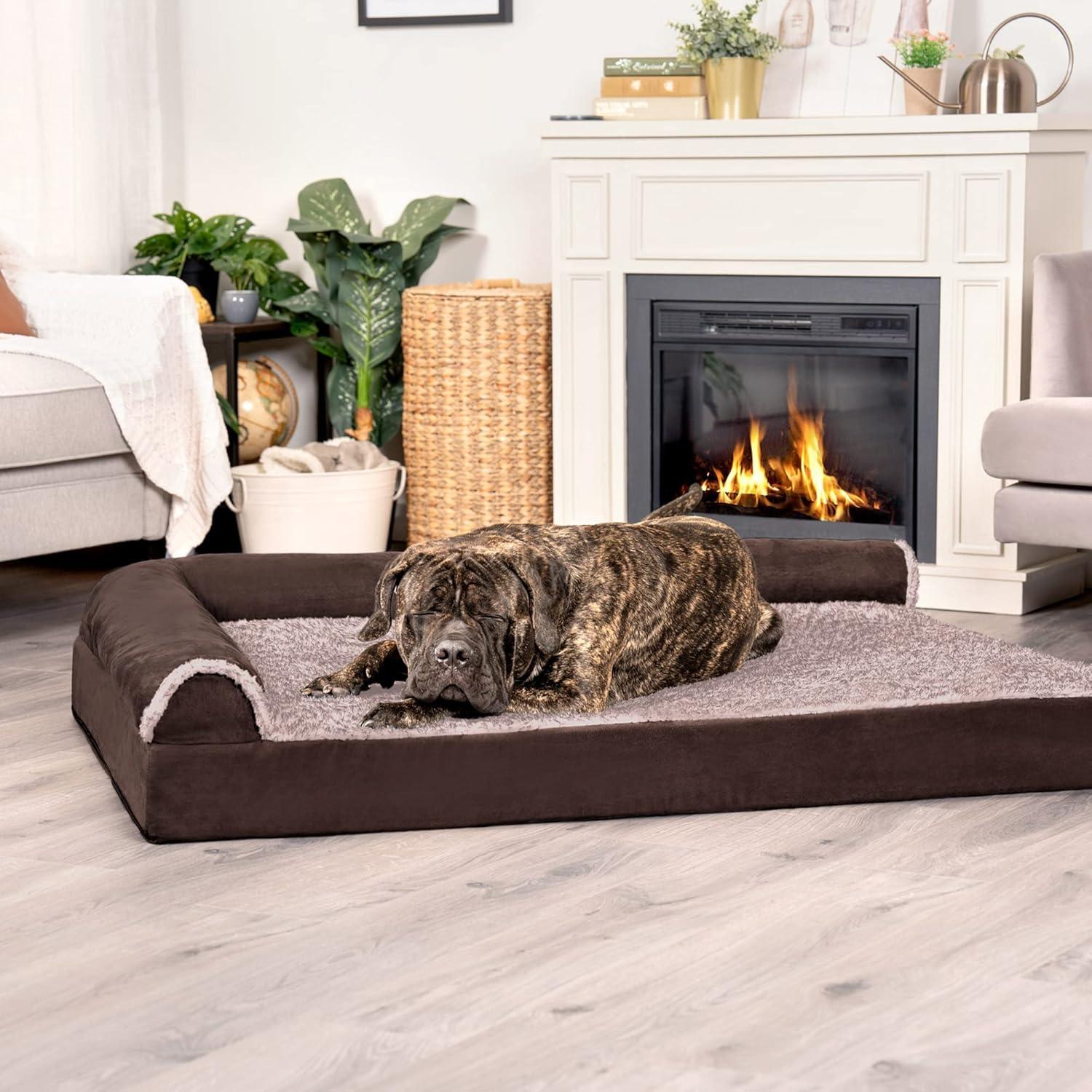 imageFurhaven Cooling Gel Dog Bed for MediumSmall Dogs w Removable Bolsters ampamp Washable Cover For Dogs Up to 35 lbs Pinsonic Quilted Paw L Shaped Chaise Titanium MediumTwoTone Faux Fur Suede Espresso