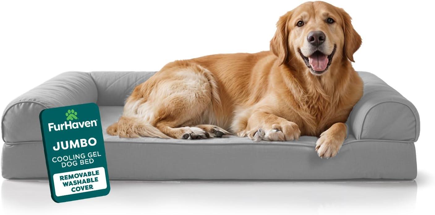imageFurhaven Cooling Gel Dog Bed for MediumSmall Dogs w Removable Bolsters ampamp Washable Cover For Dogs Up to 35 lbs Pinsonic Quilted Paw L Shaped Chaise Titanium MediumTwoTone Faux Fur Suede Stone Gray