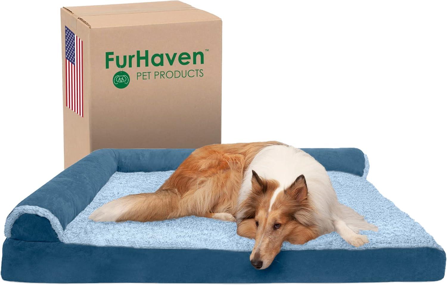 imageFurhaven Cooling Gel Dog Bed for MediumSmall Dogs w Removable Bolsters ampamp Washable Cover For Dogs Up to 35 lbs Pinsonic Quilted Paw L Shaped Chaise Titanium MediumTwoTone Faux Fur Suede Marine Blue