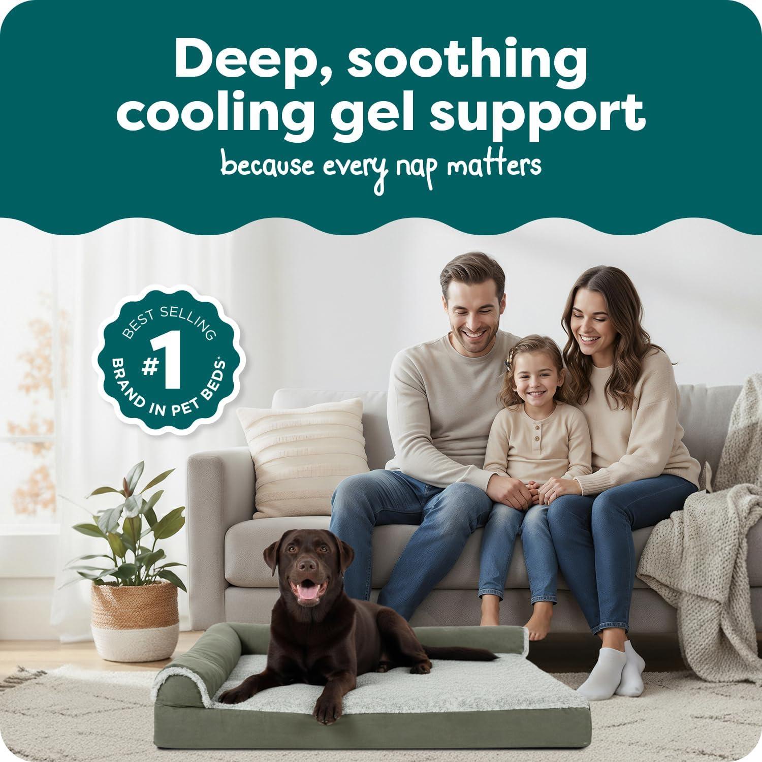 imageFurhaven Cooling Gel Dog Bed for MediumSmall Dogs w Removable Bolsters ampamp Washable Cover For Dogs Up to 35 lbs Pinsonic Quilted Paw L Shaped Chaise Titanium MediumTwoTone Faux Fur Suede Dark Sage