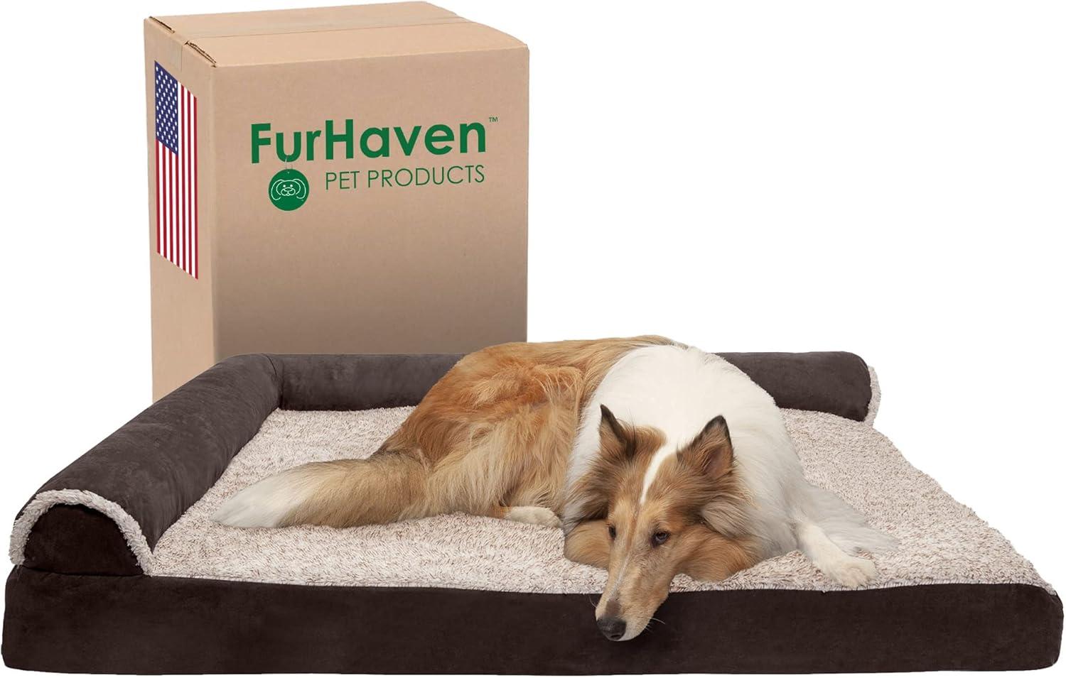 imageFurhaven Cooling Gel Dog Bed for MediumSmall Dogs w Removable Bolsters ampamp Washable Cover For Dogs Up to 35 lbs Pinsonic Quilted Paw L Shaped Chaise Titanium MediumTwoTone Faux Fur Suede Espresso