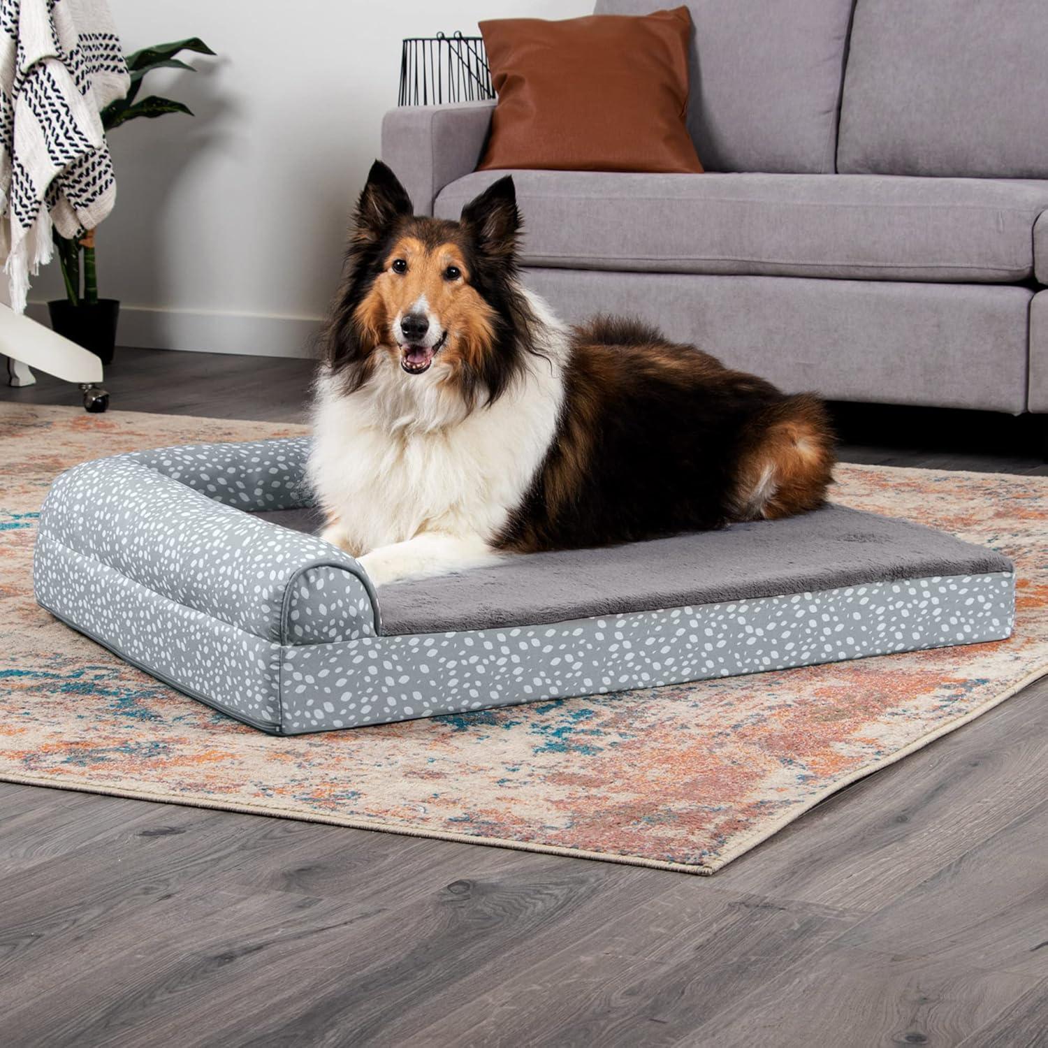 imageFurhaven Cooling Gel Dog Bed for MediumSmall Dogs w Removable Bolsters ampamp Washable Cover For Dogs Up to 35 lbs Pinsonic Quilted Paw L Shaped Chaise Titanium MediumPlush Almond Print Gray Almonds