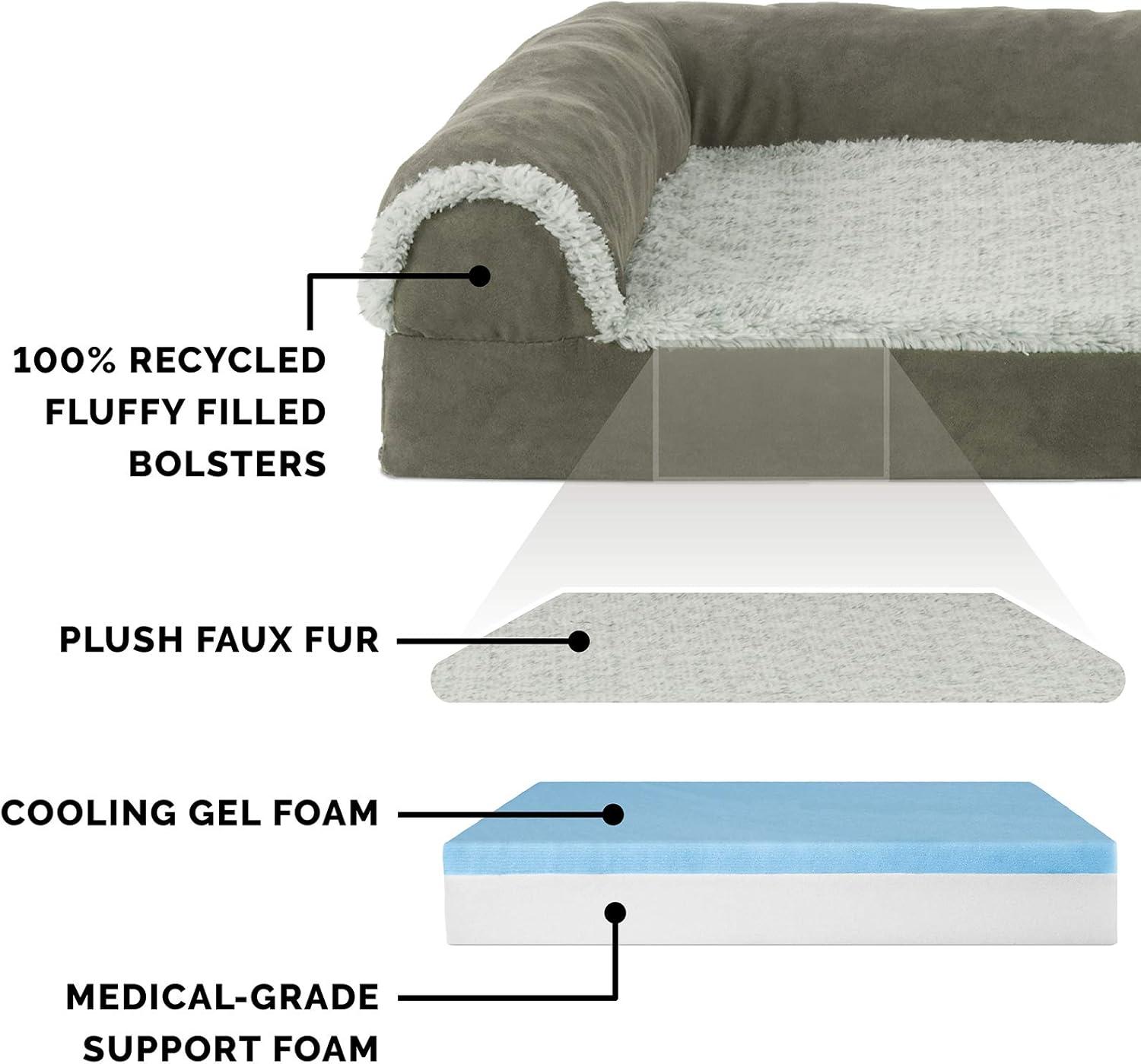 imageFurhaven Cooling Gel Dog Bed for MediumSmall Dogs w Removable Bolsters ampamp Washable Cover For Dogs Up to 35 lbs Pinsonic Quilted Paw L Shaped Chaise Titanium MediumTwoTone Faux Fur Suede Dark Sage