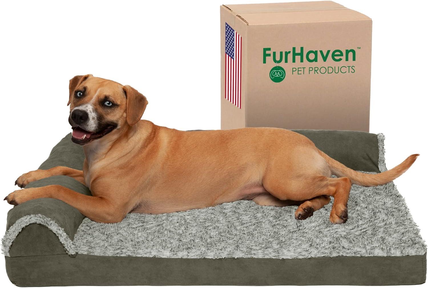 imageFurhaven Cooling Gel Dog Bed for MediumSmall Dogs w Removable Bolsters ampamp Washable Cover For Dogs Up to 35 lbs Pinsonic Quilted Paw L Shaped Chaise Titanium MediumTwoTone Faux Fur Suede Dark Sage