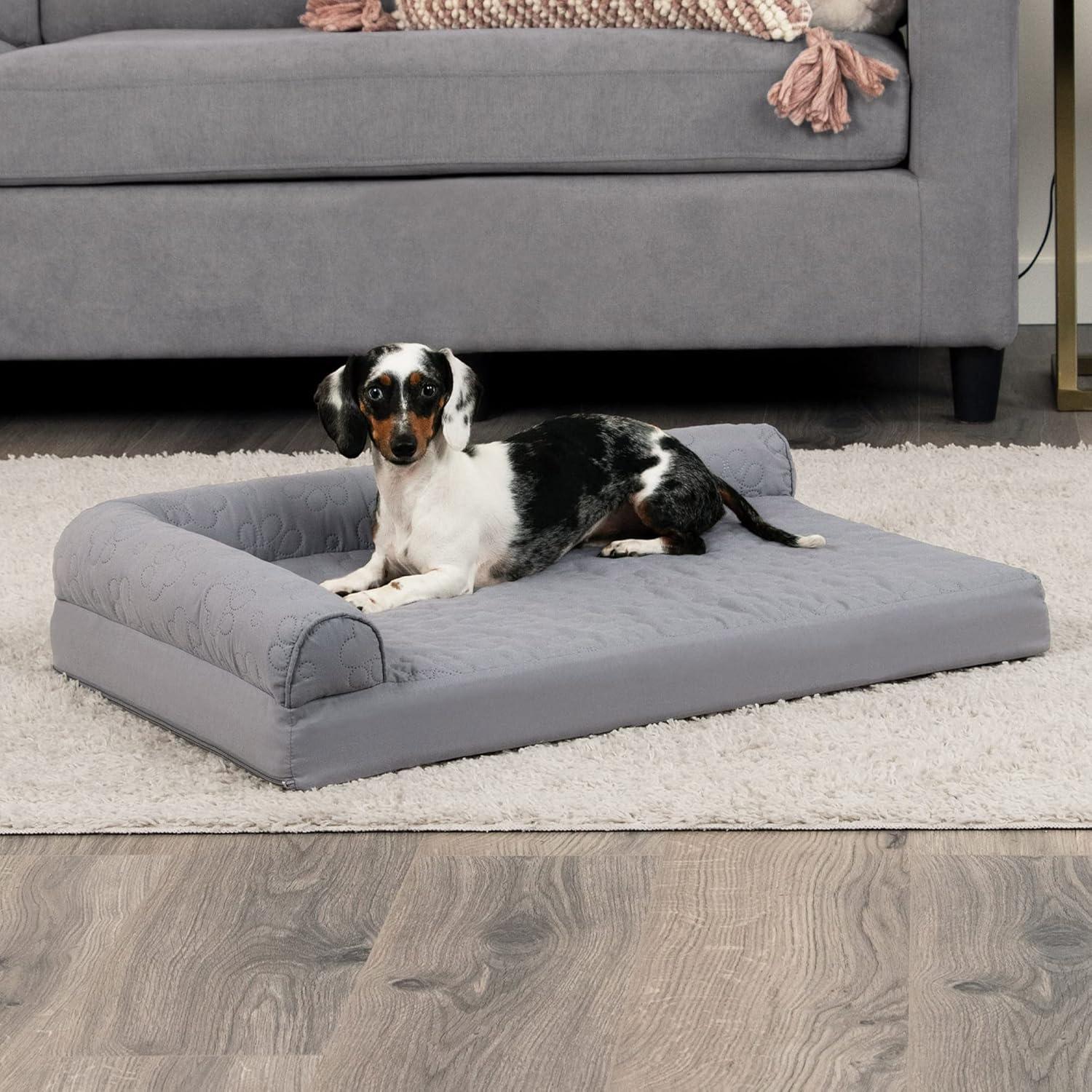 imageFurhaven Cooling Gel Dog Bed for MediumSmall Dogs w Removable Bolsters ampamp Washable Cover For Dogs Up to 35 lbs Pinsonic Quilted Paw L Shaped Chaise Titanium MediumQuilted Paw Titanium