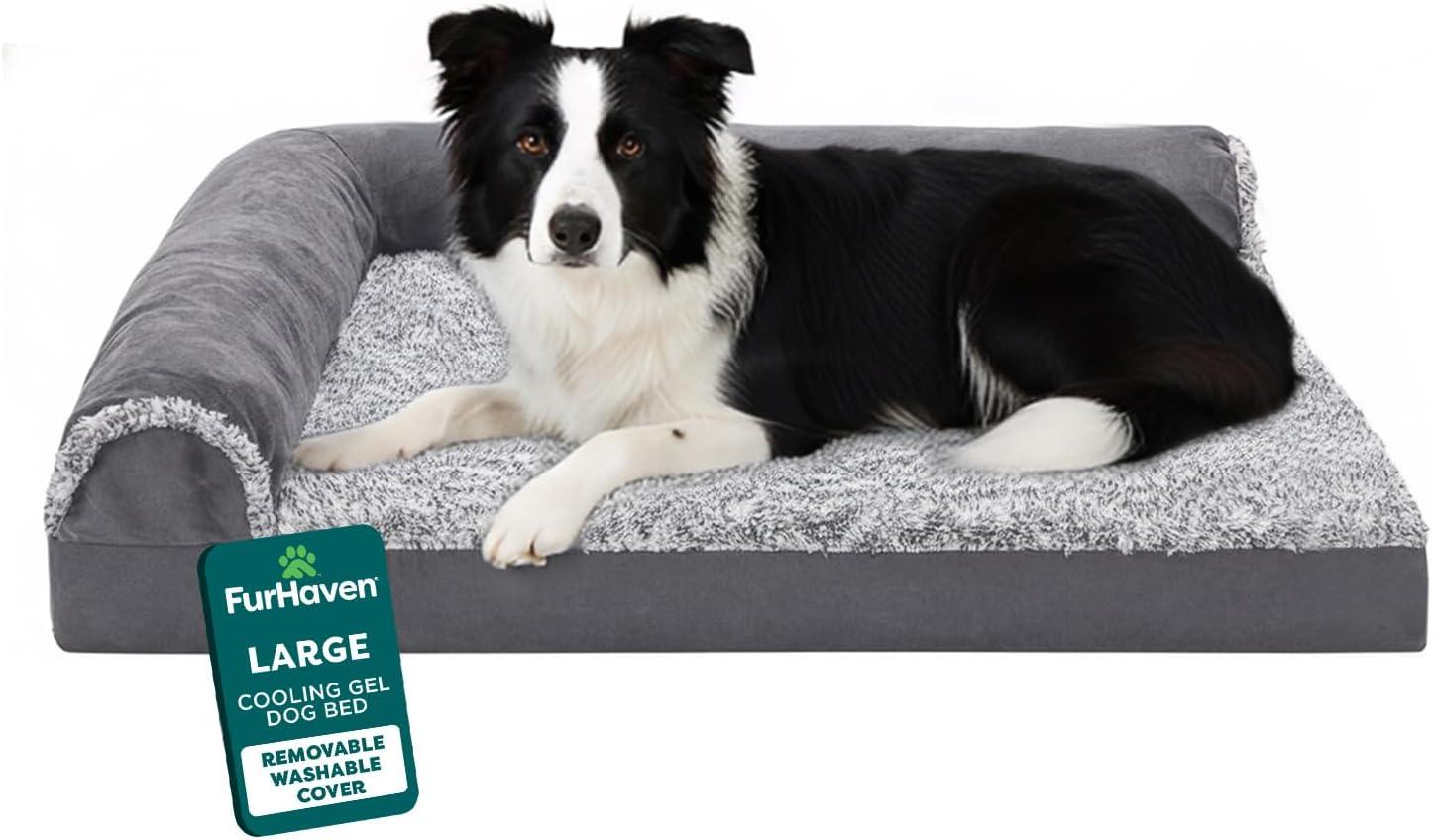 imageFurhaven Cooling Gel Dog Bed for MediumSmall Dogs w Removable Bolsters ampamp Washable Cover For Dogs Up to 35 lbs Pinsonic Quilted Paw L Shaped Chaise Titanium MediumTwoTone Faux Fur Suede Stone Gray