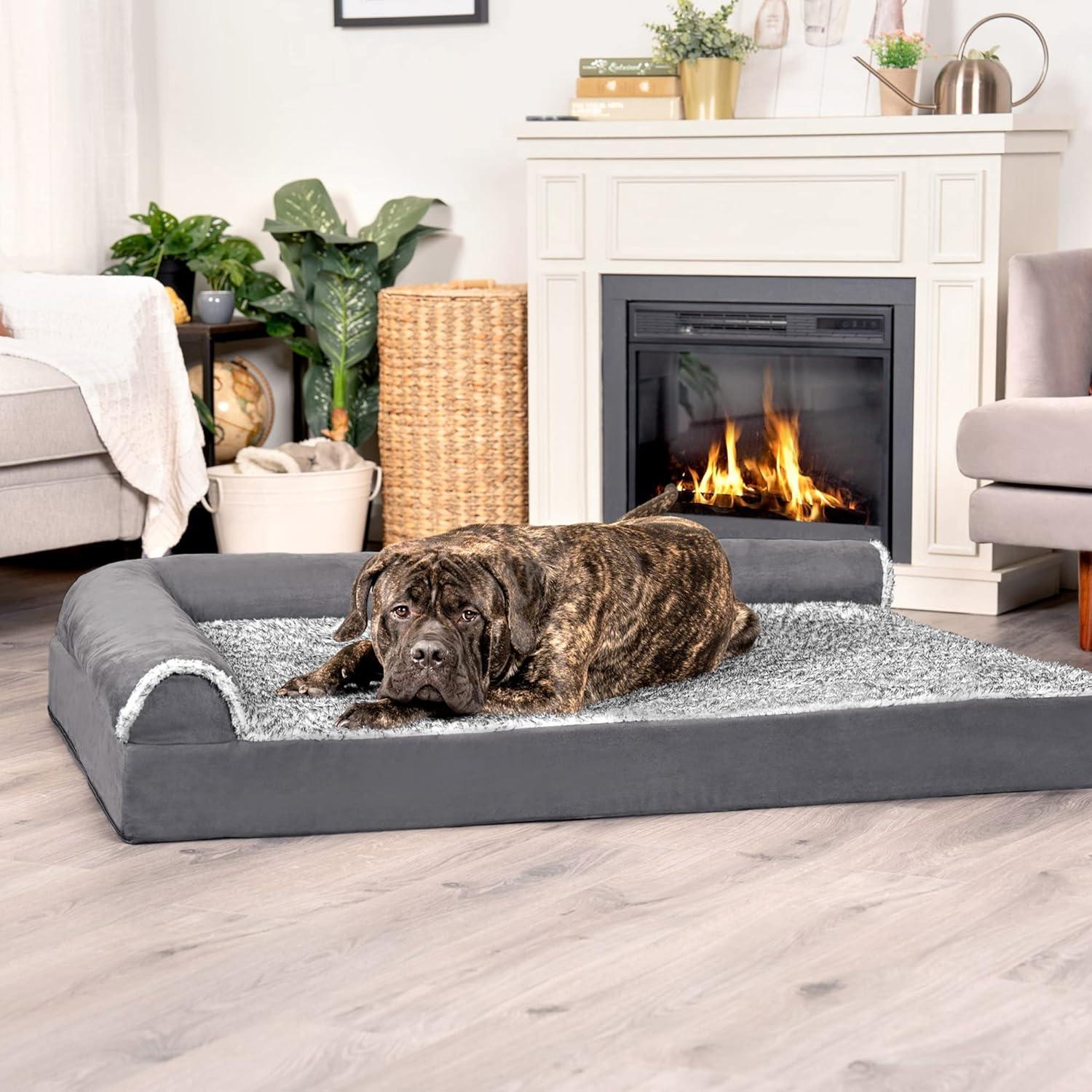 imageFurhaven Cooling Gel Dog Bed for MediumSmall Dogs w Removable Bolsters ampamp Washable Cover For Dogs Up to 35 lbs Pinsonic Quilted Paw L Shaped Chaise Titanium MediumTwoTone Faux Fur Suede Stone Gray