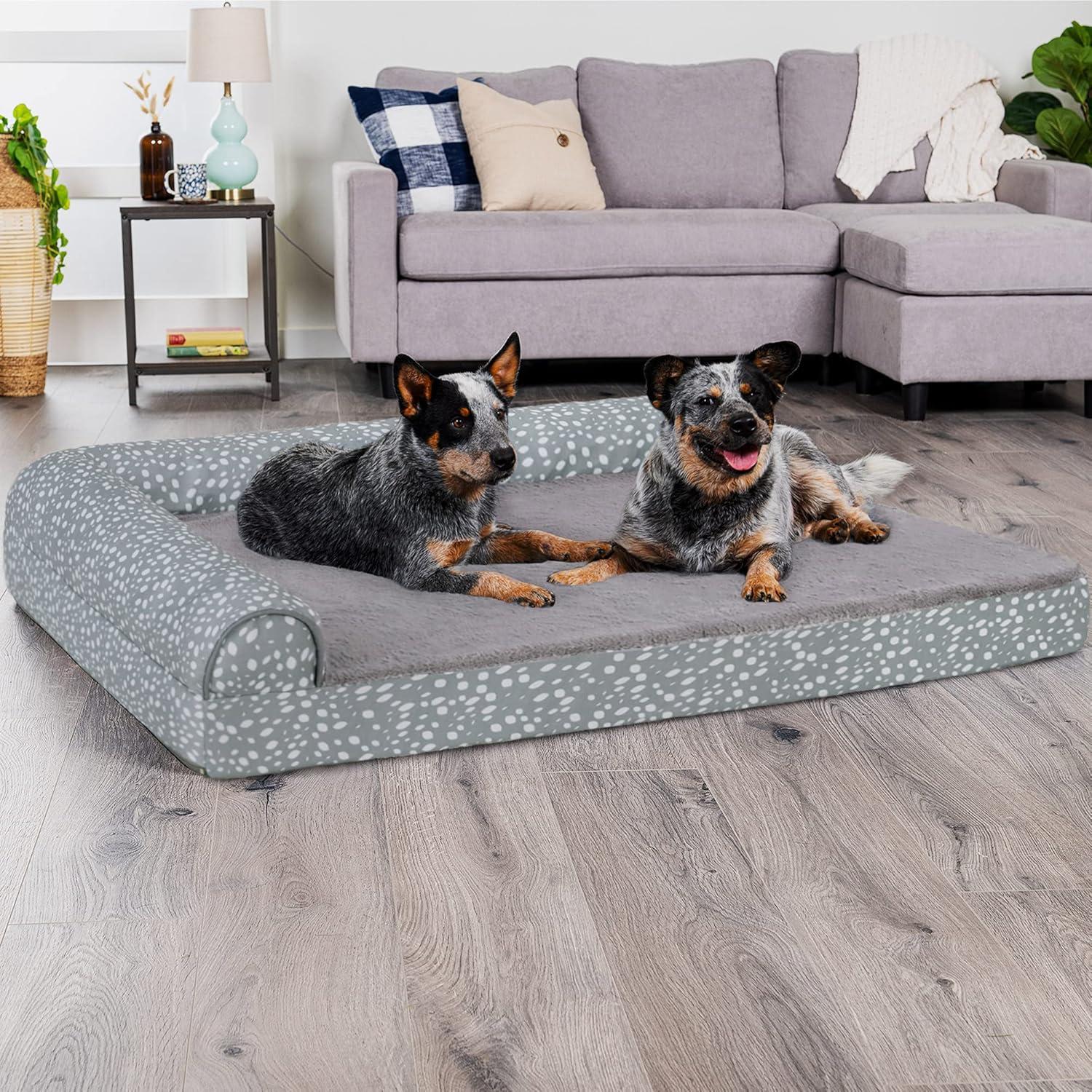 imageFurhaven Cooling Gel Dog Bed for MediumSmall Dogs w Removable Bolsters ampamp Washable Cover For Dogs Up to 35 lbs Pinsonic Quilted Paw L Shaped Chaise Titanium MediumPlush Almond Print Gray Almonds