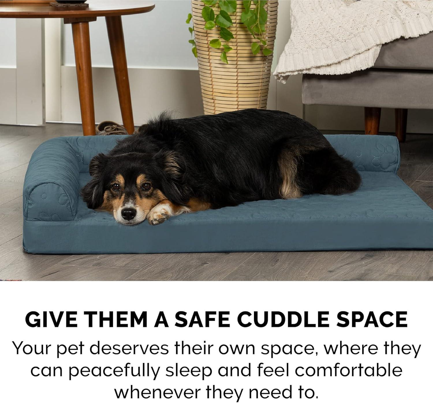 imageFurhaven Cooling Gel Dog Bed for MediumSmall Dogs w Removable Bolsters ampamp Washable Cover For Dogs Up to 35 lbs Pinsonic Quilted Paw L Shaped Chaise Titanium MediumQuilted Paw Bluestone