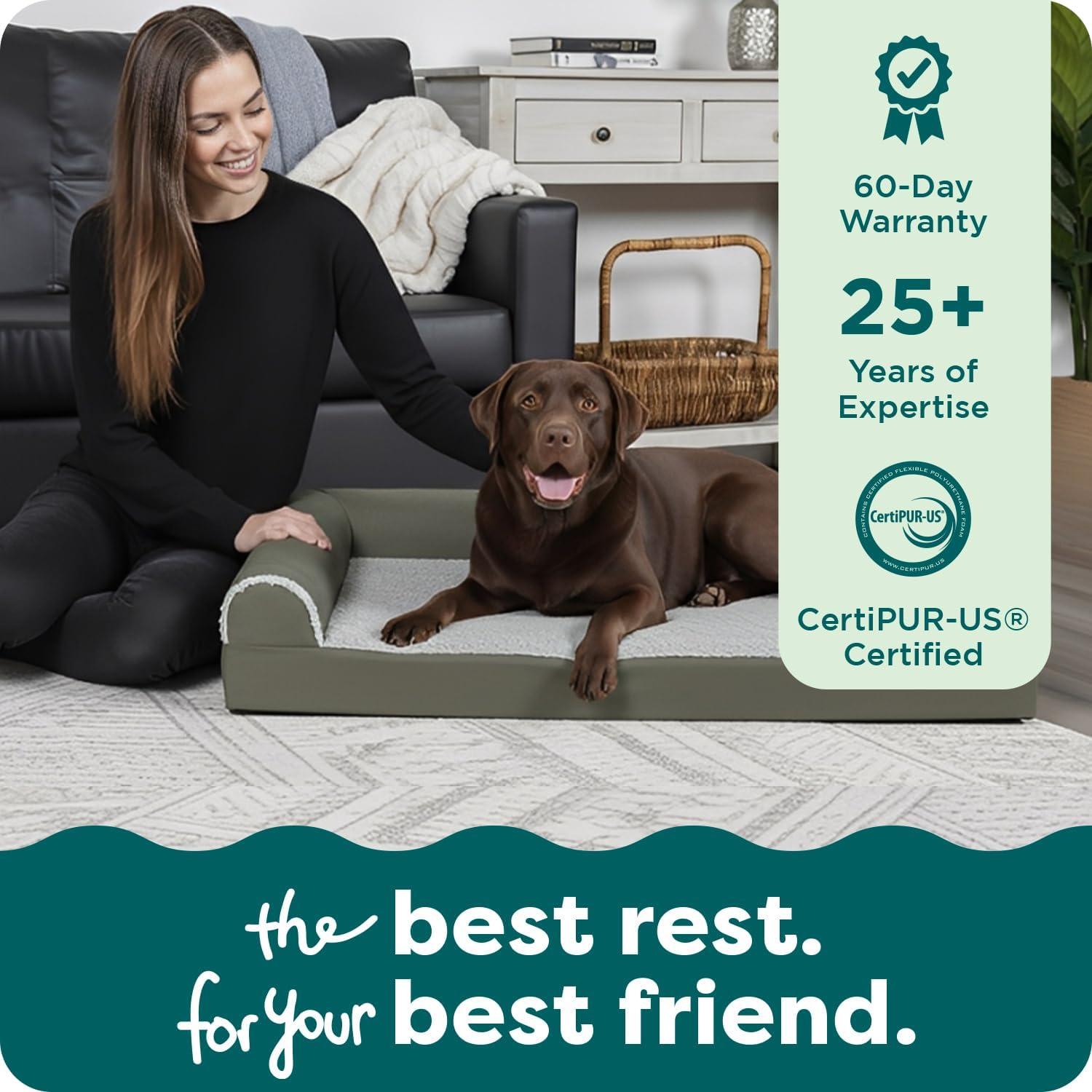 imageFurhaven Cooling Gel Dog Bed for MediumSmall Dogs w Removable Bolsters ampamp Washable Cover For Dogs Up to 35 lbs Pinsonic Quilted Paw L Shaped Chaise Titanium MediumTwoTone Faux Fur Suede Dark Sage