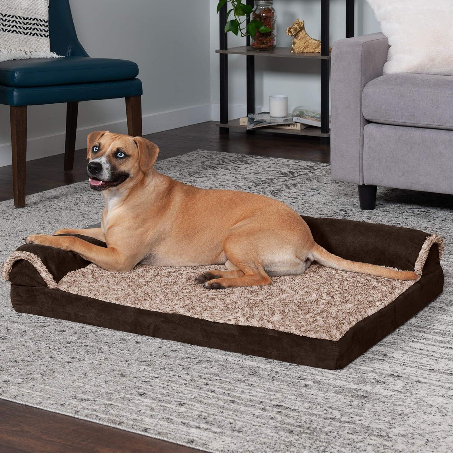 imageFurhaven Cooling Gel Dog Bed for MediumSmall Dogs w Removable Bolsters ampamp Washable Cover For Dogs Up to 35 lbs Pinsonic Quilted Paw L Shaped Chaise Titanium MediumTwoTone Faux Fur Suede Espresso
