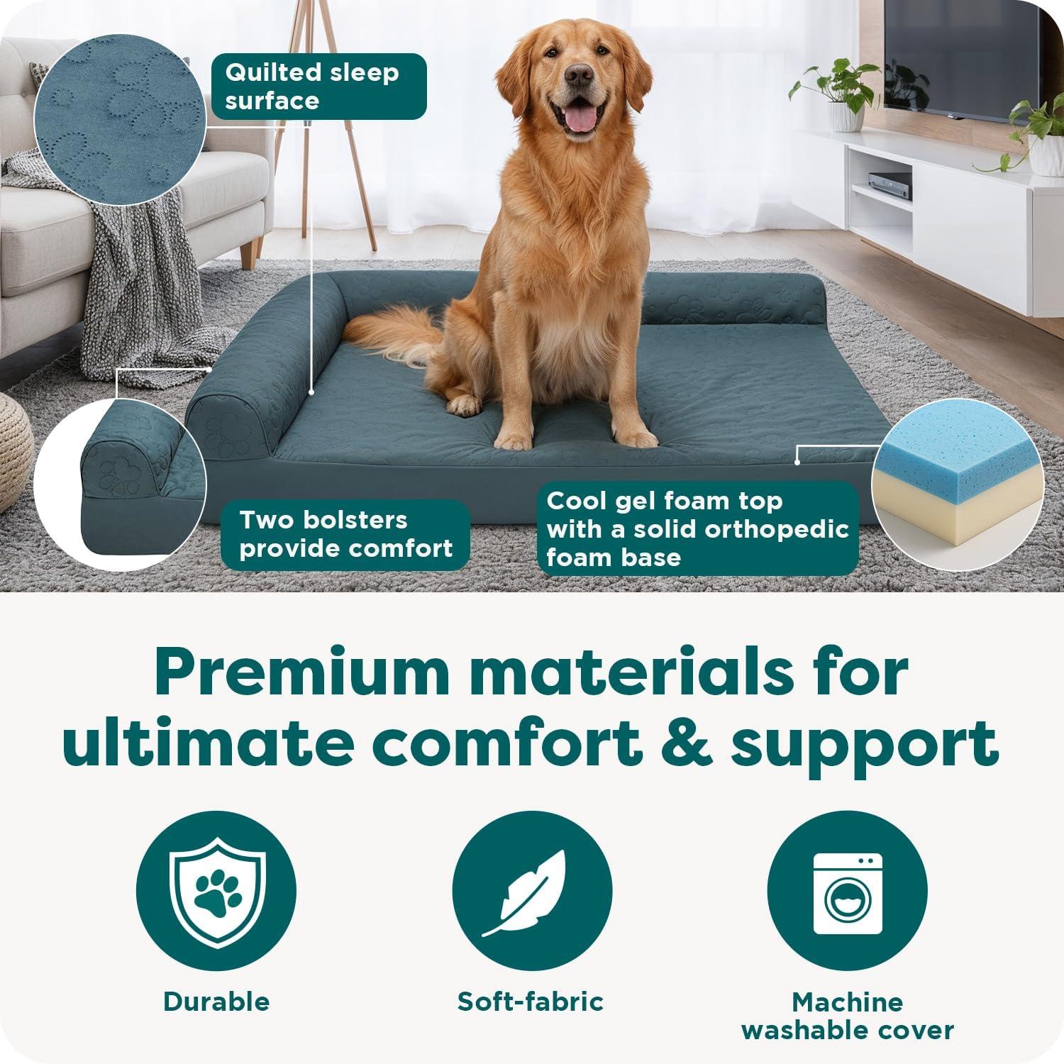 imageFurhaven Cooling Gel Dog Bed for MediumSmall Dogs w Removable Bolsters ampamp Washable Cover For Dogs Up to 35 lbs Pinsonic Quilted Paw L Shaped Chaise Titanium MediumQuilted Paw Titanium