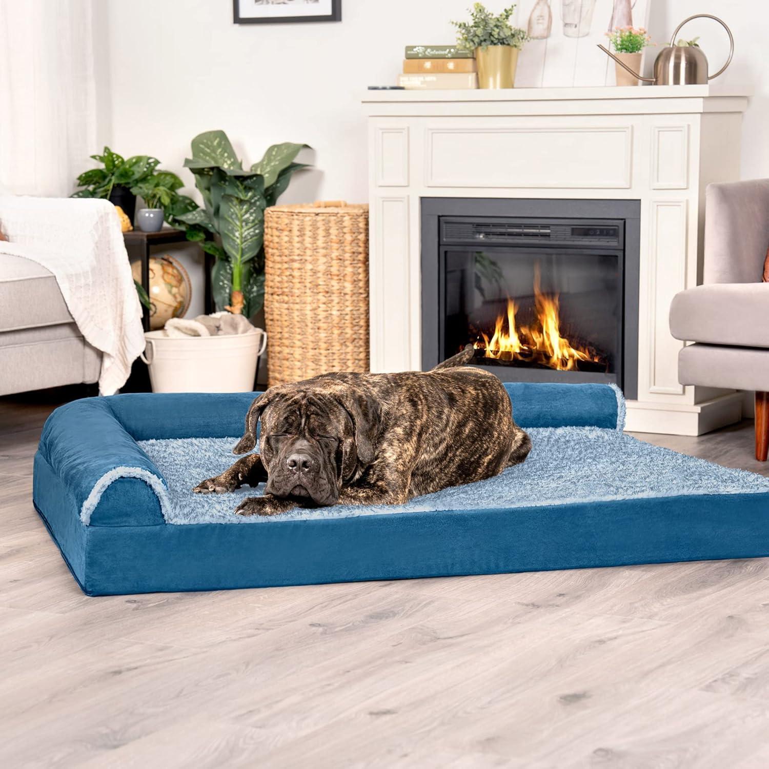 imageFurhaven Cooling Gel Dog Bed for MediumSmall Dogs w Removable Bolsters ampamp Washable Cover For Dogs Up to 35 lbs Pinsonic Quilted Paw L Shaped Chaise Titanium MediumTwoTone Faux Fur Suede Marine Blue