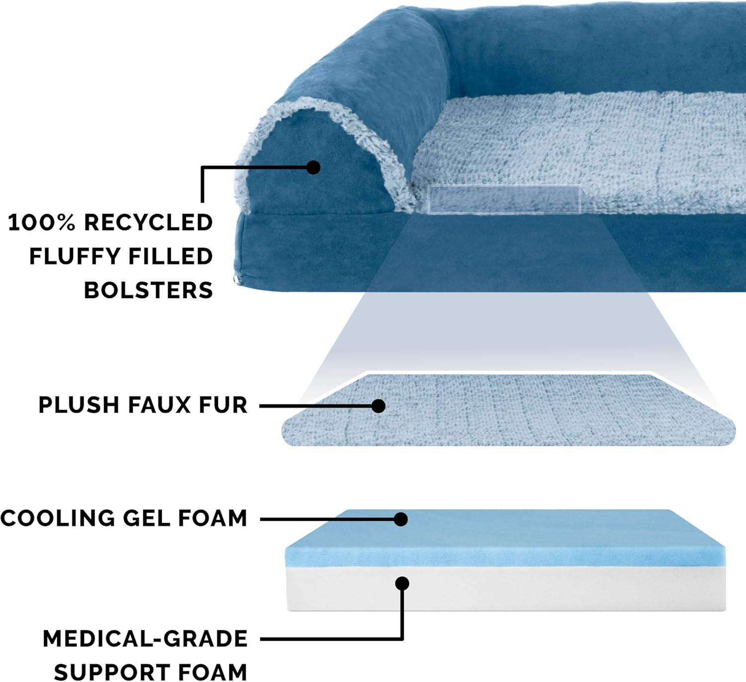 imageFurhaven Cooling Gel Dog Bed for MediumSmall Dogs w Removable Bolsters ampamp Washable Cover For Dogs Up to 35 lbs Pinsonic Quilted Paw L Shaped Chaise Titanium MediumTwoTone Faux Fur Suede Marine Blue
