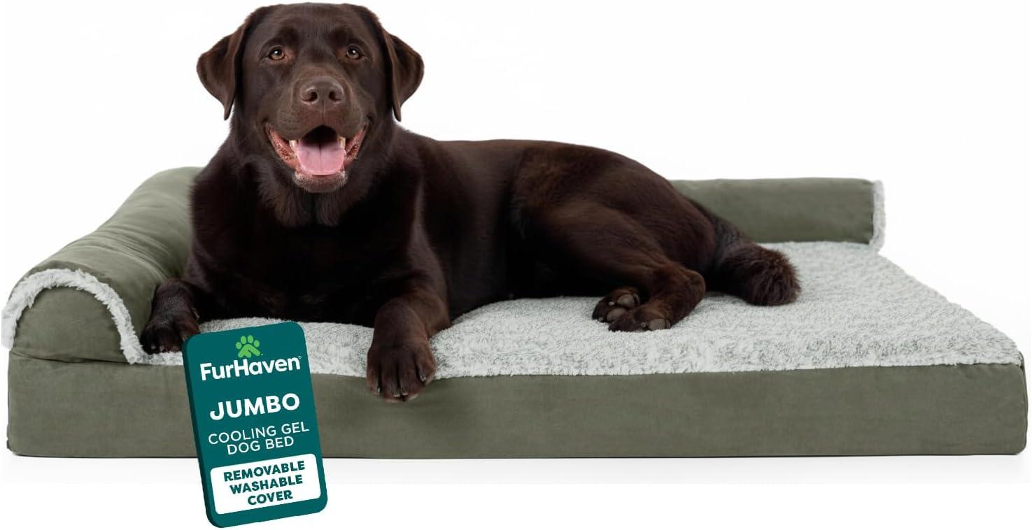 imageFurhaven Cooling Gel Dog Bed for MediumSmall Dogs w Removable Bolsters ampamp Washable Cover For Dogs Up to 35 lbs Pinsonic Quilted Paw L Shaped Chaise Titanium MediumTwoTone Faux Fur Suede Dark Sage