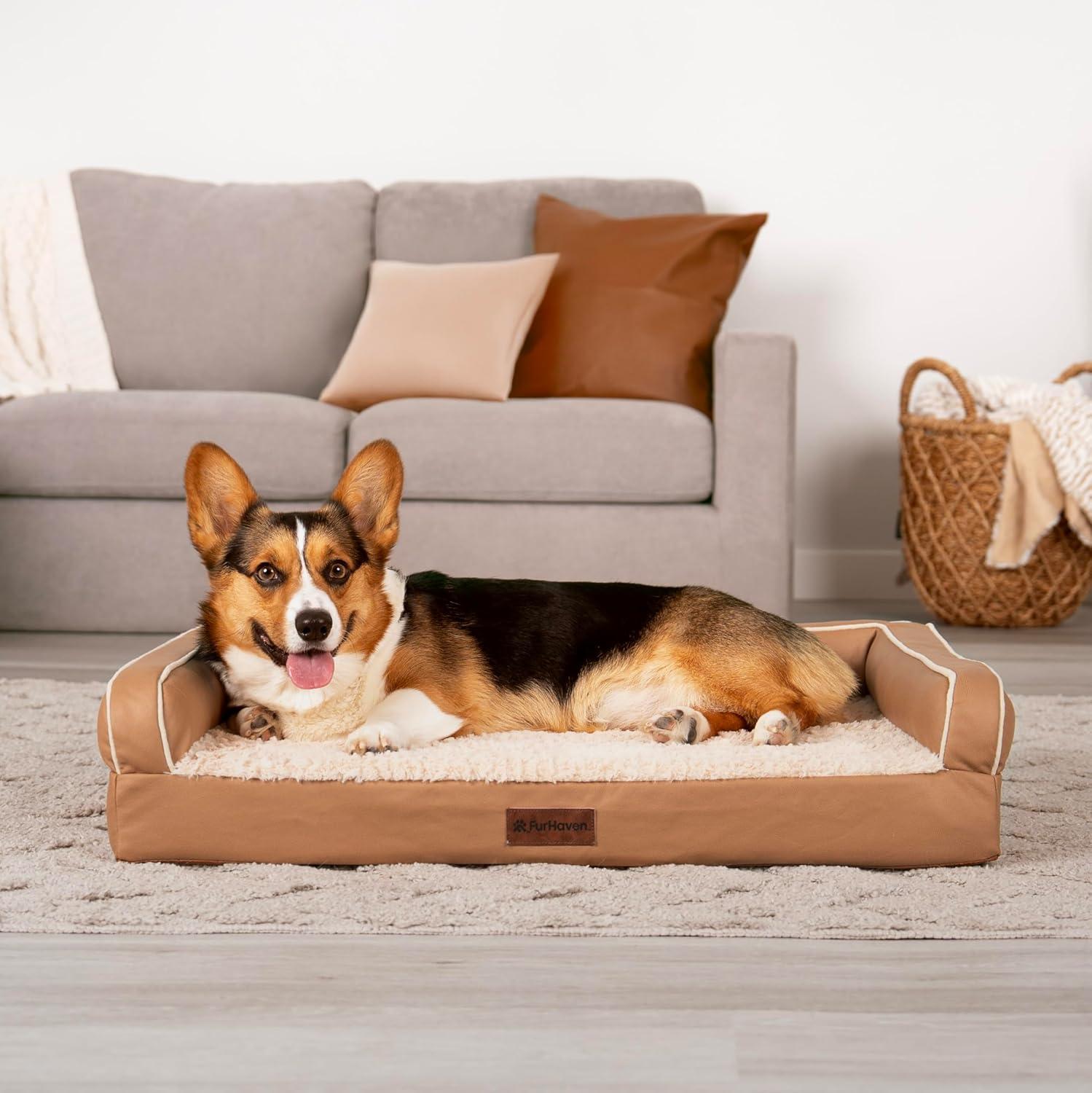 imageFurhaven Cooling Gel Dog Bed for MediumSmall Dogs w Removable Bolsters ampamp Washable Cover For Dogs Up to 35 lbs Quilted Sofa Silver Gray MediumCamel