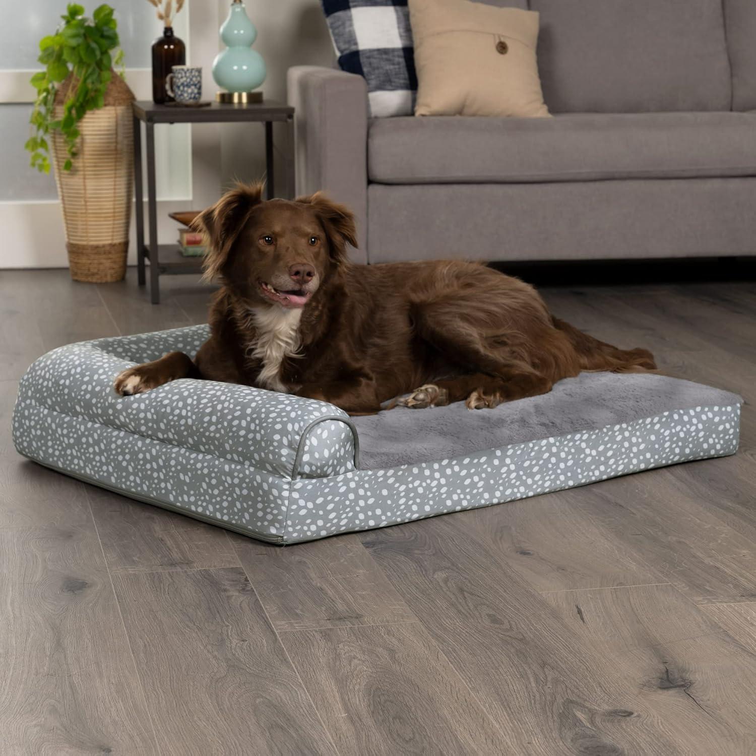 imageFurhaven Memory Foam Dog Bed for Large Dogs w Removable Bolsters ampamp Washable Cover For Dogs Up to 95 lbs Plush ampamp Almond Print L Shaped Chaise Gray Almonds JumboXLGray Almonds