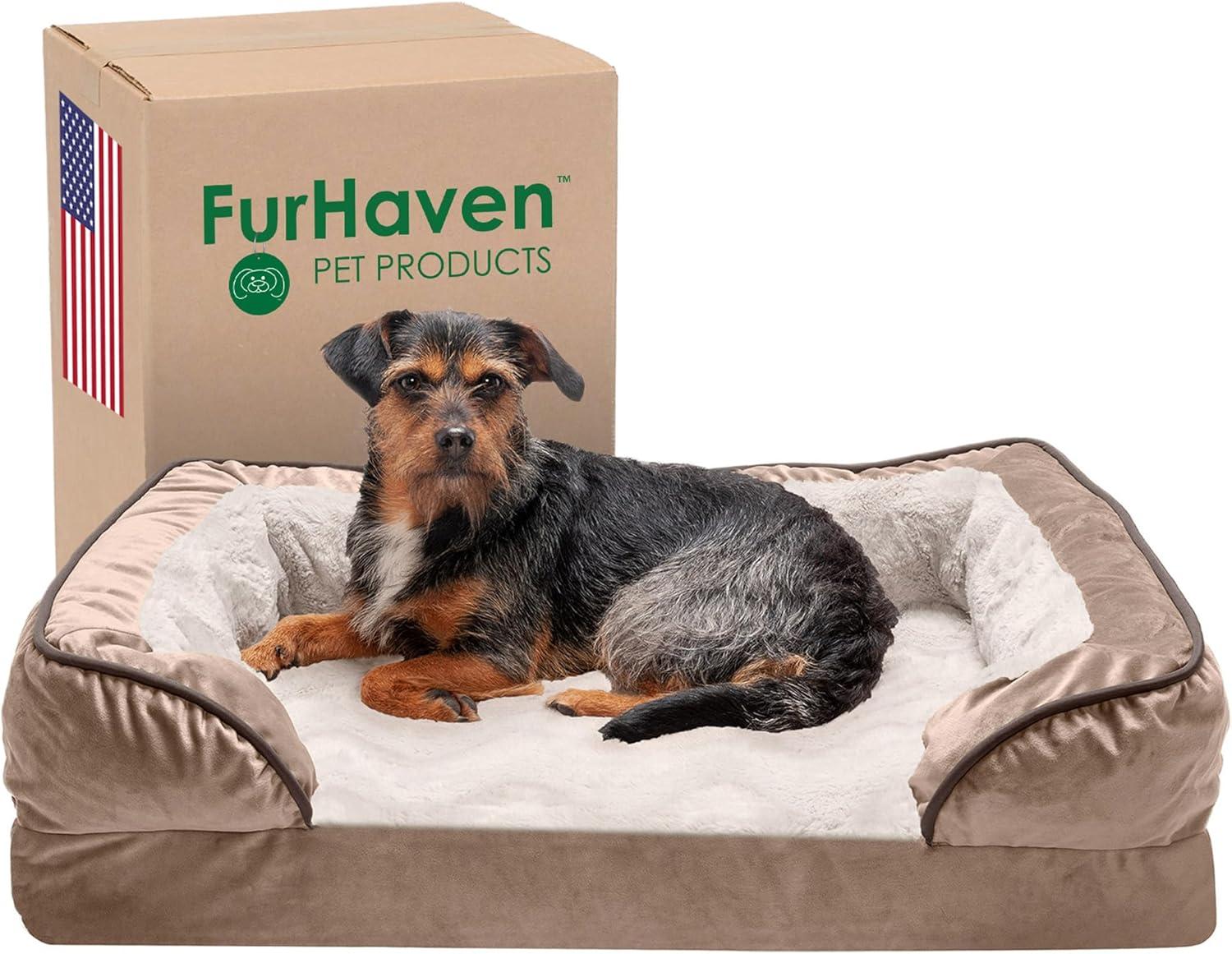 imageFurhaven Memory Foam Dog Bed for MediumSmall Dogs w Removable Bolsters ampamp Washable Cover For Dogs Up to 35 lbs Plush ampamp Velvet Waves Perfect Comfort Sofa Celadon Green MediumBrownstone Faux Fur Velvet