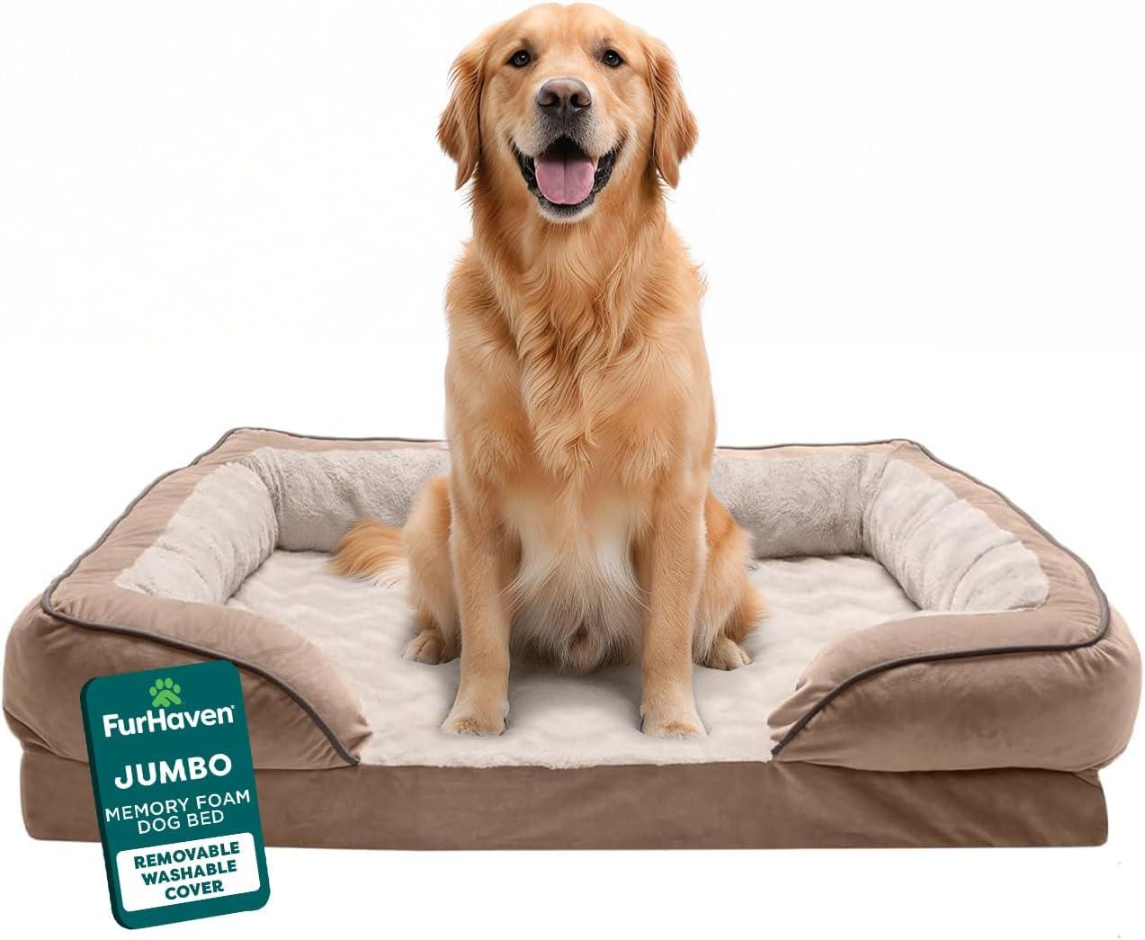 imageFurhaven Memory Foam Dog Bed for MediumSmall Dogs w Removable Bolsters ampamp Washable Cover For Dogs Up to 35 lbs Plush ampamp Velvet Waves Perfect Comfort Sofa Celadon Green MediumBrownstone Faux Fur Velvet