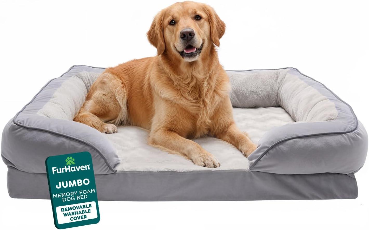 imageFurhaven Memory Foam Dog Bed for MediumSmall Dogs w Removable Bolsters ampamp Washable Cover For Dogs Up to 35 lbs Plush ampamp Velvet Waves Perfect Comfort Sofa Celadon Green MediumGranite Gray Plush Velvet Waves