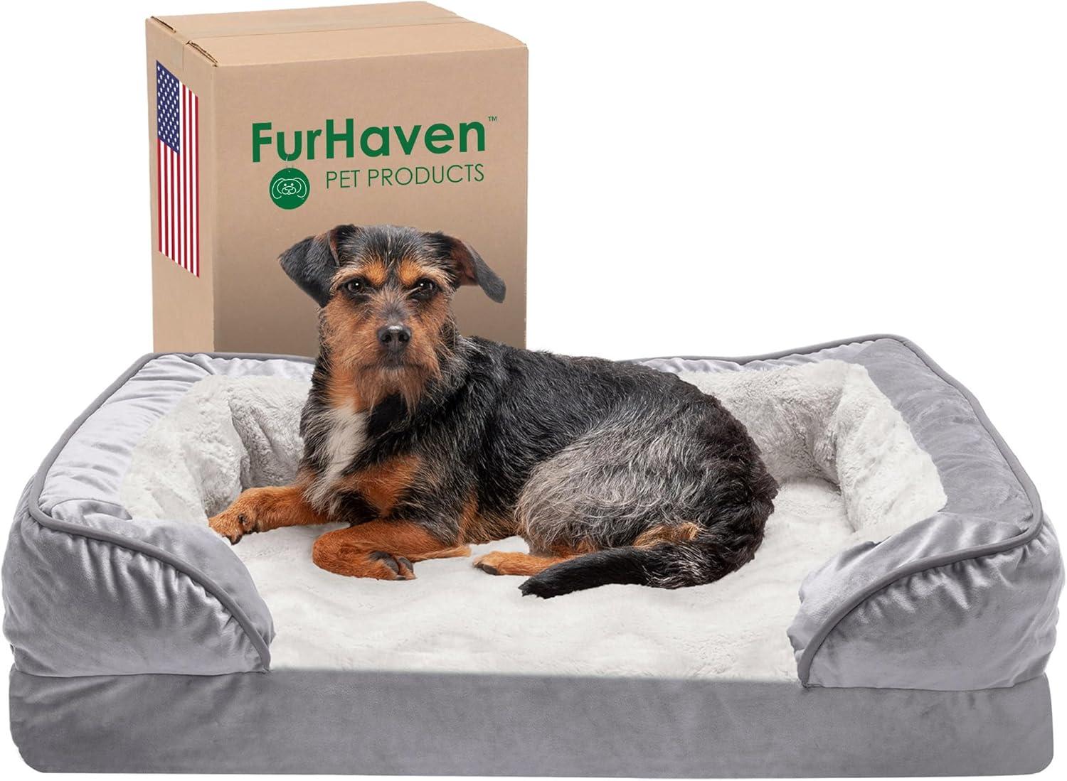 imageFurhaven Memory Foam Dog Bed for MediumSmall Dogs w Removable Bolsters ampamp Washable Cover For Dogs Up to 35 lbs Plush ampamp Velvet Waves Perfect Comfort Sofa Celadon Green MediumGranite Gray Plush Velvet Waves