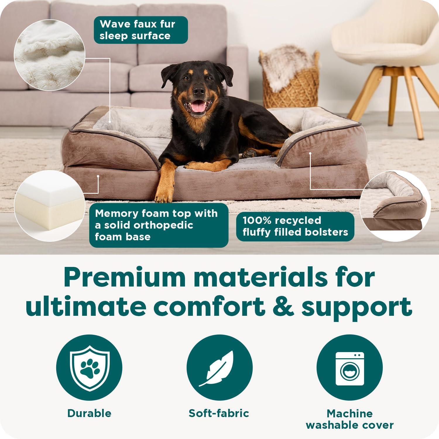 imageFurhaven Memory Foam Dog Bed for MediumSmall Dogs w Removable Bolsters ampamp Washable Cover For Dogs Up to 35 lbs Plush ampamp Velvet Waves Perfect Comfort Sofa Celadon Green MediumBrownstone Faux Fur Velvet