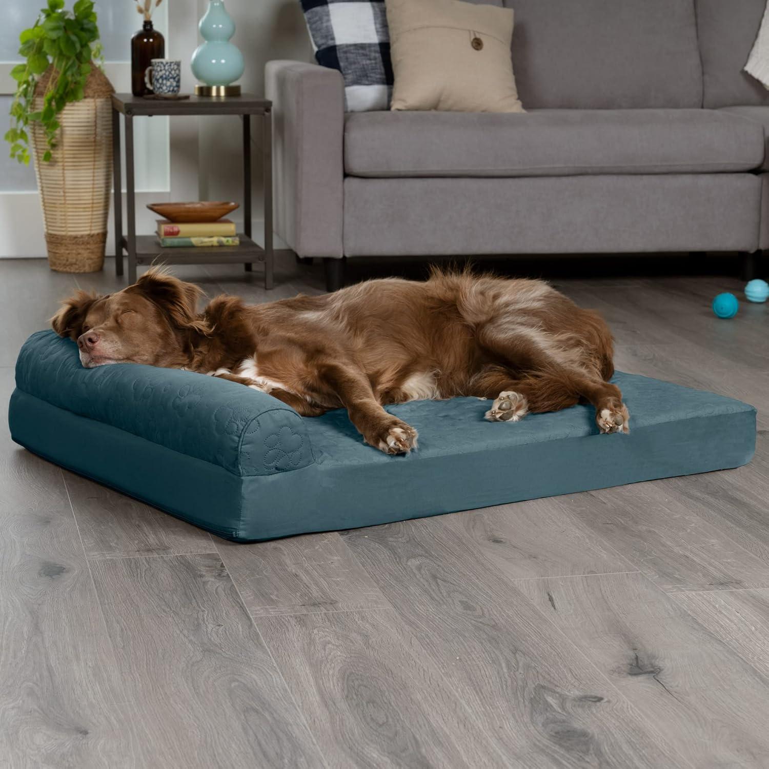 imageFurhaven Memory Foam Dog Bed for MediumSmall Dogs w Removable Bolsters ampamp Washable Cover For Dogs Up to 35 lbs TwoTone Plush Faux Fur ampamp Suede L Shaped Chaise Stone Gray MediumTwoTone Faux Fur Suede Stone Gray