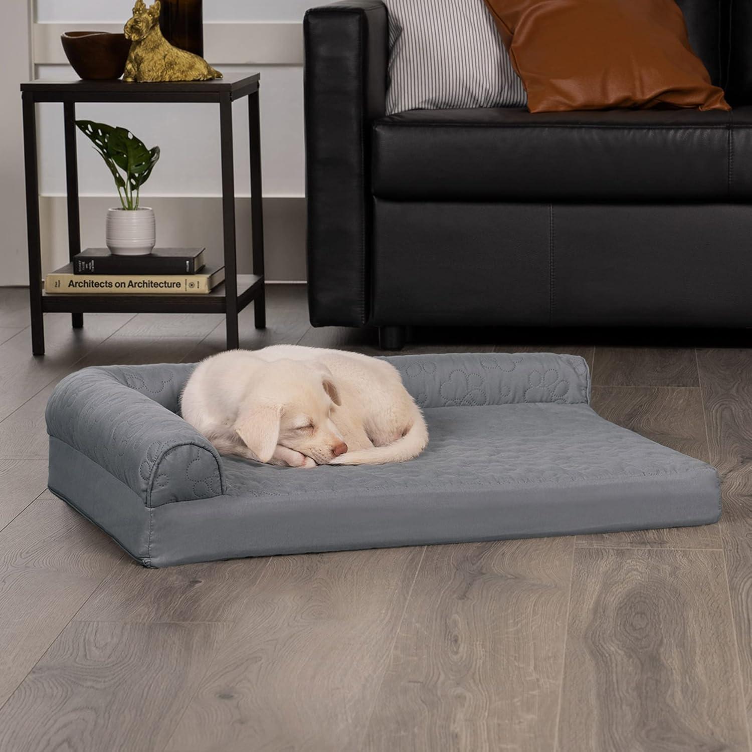 imageFurhaven Memory Foam Dog Bed for MediumSmall Dogs w Removable Bolsters ampamp Washable Cover For Dogs Up to 35 lbs TwoTone Plush Faux Fur ampamp Suede L Shaped Chaise Stone Gray MediumQuilted Paw Titanium