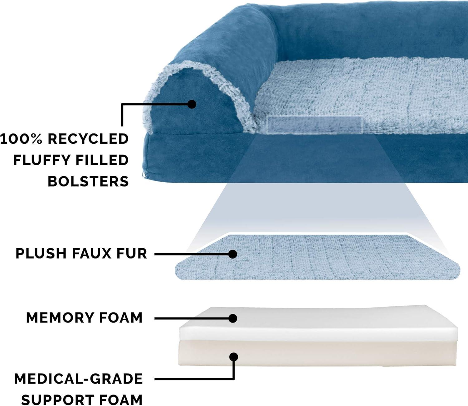 imageFurhaven Memory Foam Dog Bed for MediumSmall Dogs w Removable Bolsters ampamp Washable Cover For Dogs Up to 35 lbs TwoTone Plush Faux Fur ampamp Suede L Shaped Chaise Stone Gray MediumTwoTone Faux Fur Suede Marine Blu