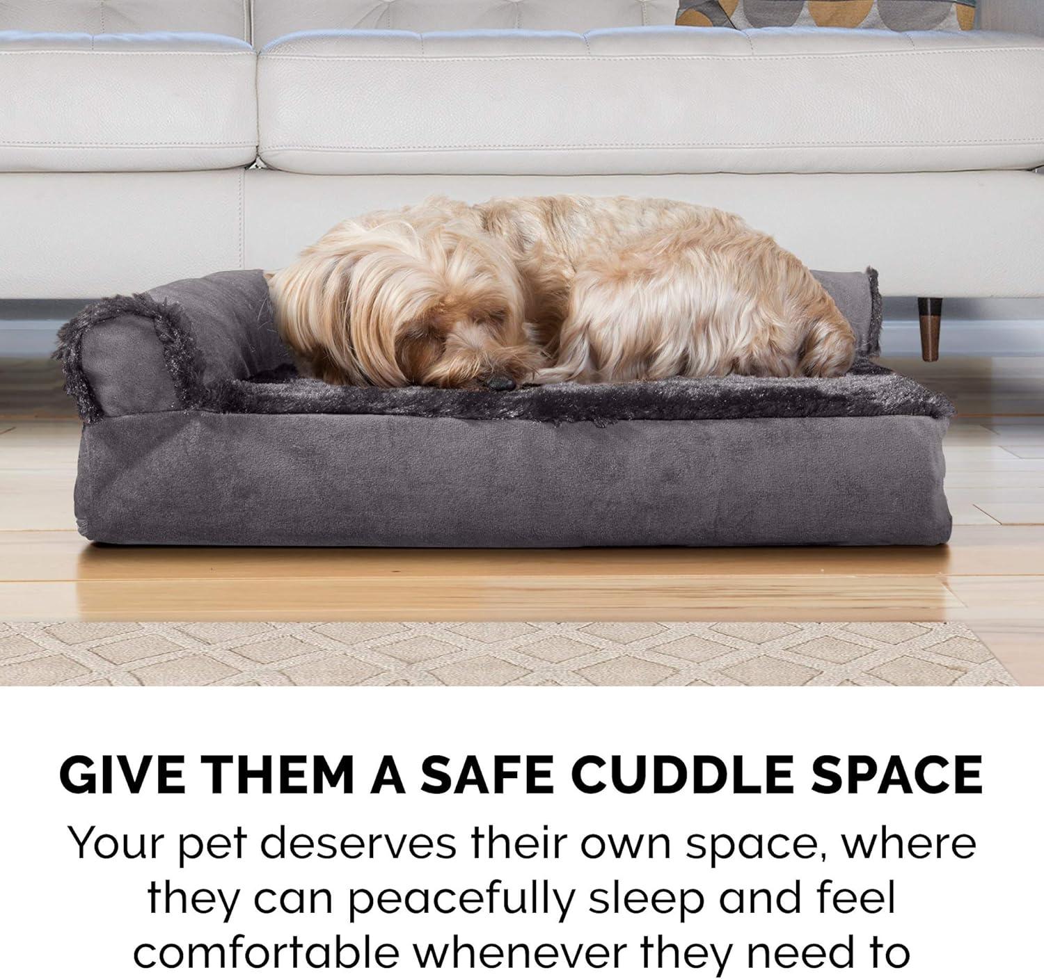 imageFurhaven Memory Foam Dog Bed for MediumSmall Dogs w Removable Bolsters ampamp Washable Cover For Dogs Up to 35 lbs TwoTone Plush Faux Fur ampamp Suede L Shaped Chaise Stone Gray MediumPlush Velvet Deep Sapphire