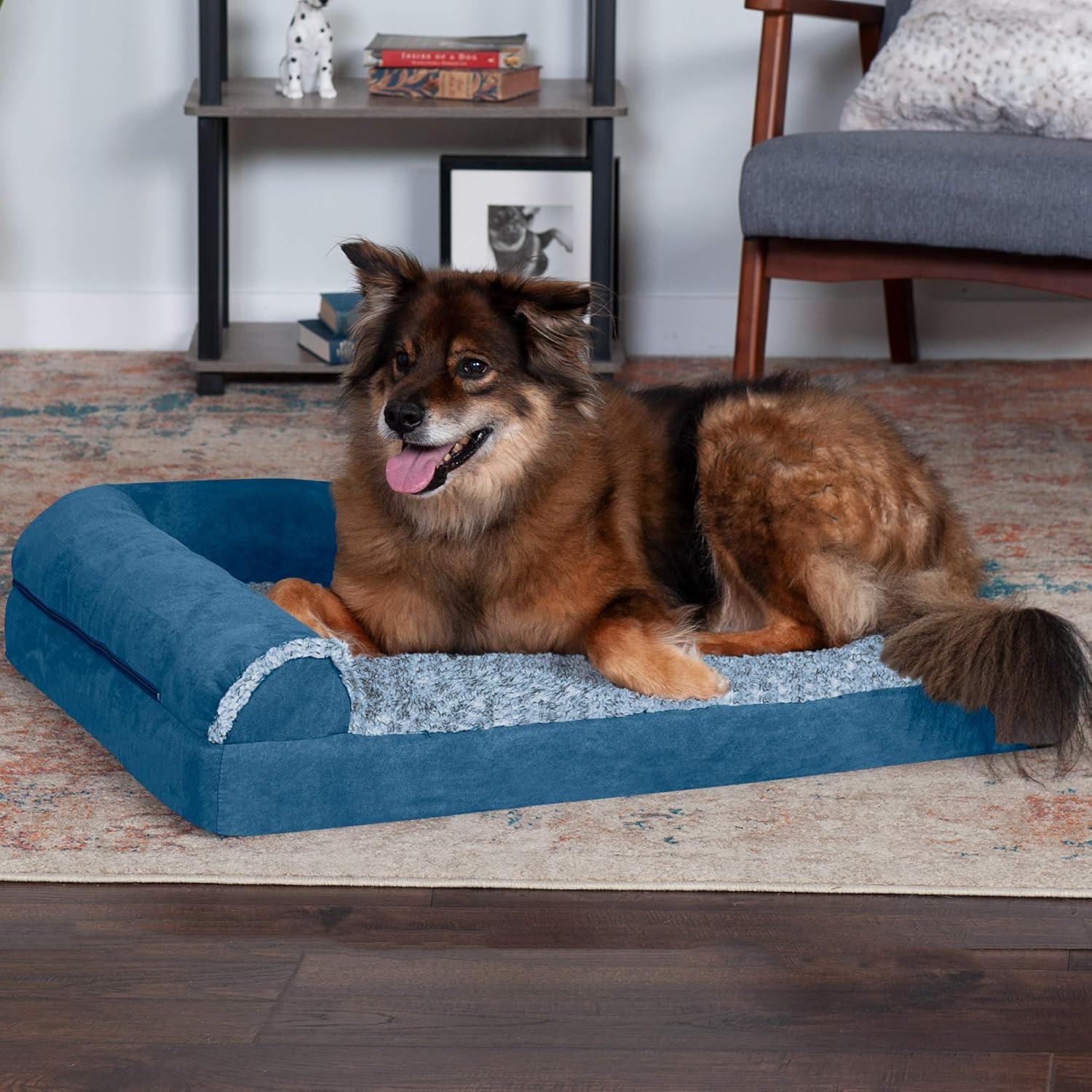 imageFurhaven Memory Foam Dog Bed for MediumSmall Dogs w Removable Bolsters ampamp Washable Cover For Dogs Up to 35 lbs TwoTone Plush Faux Fur ampamp Suede L Shaped Chaise Stone Gray MediumPlush Velvet Sable Brown