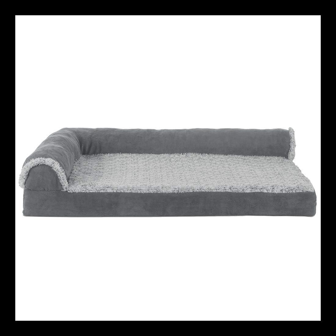 imageFurhaven Memory Foam Dog Bed for MediumSmall Dogs w Removable Bolsters ampamp Washable Cover For Dogs Up to 35 lbs TwoTone Plush Faux Fur ampamp Suede L Shaped Chaise Stone Gray MediumQuilted Paw Bluestone