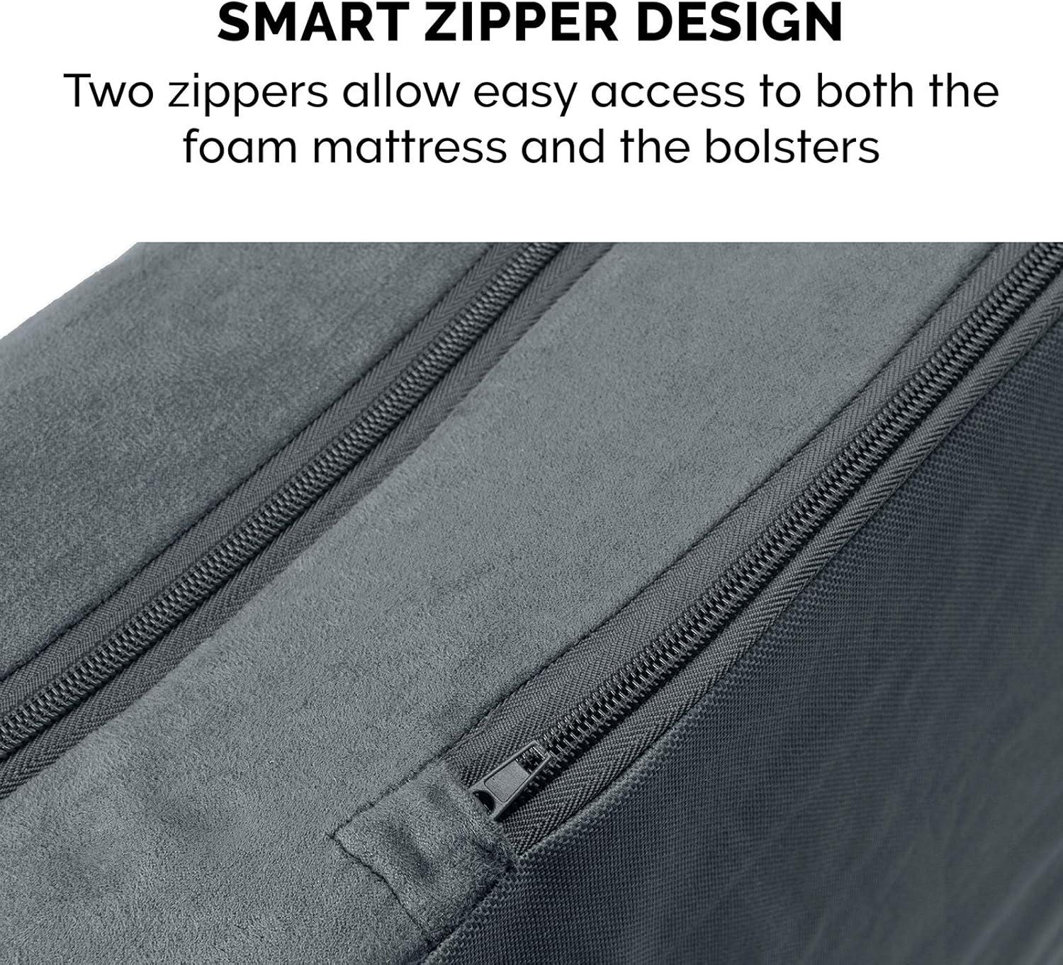 imageFurhaven Memory Foam Dog Bed for MediumSmall Dogs w Removable Bolsters ampamp Washable Cover For Dogs Up to 35 lbs TwoTone Plush Faux Fur ampamp Suede L Shaped Chaise Stone Gray MediumQuilted Paw Bluestone