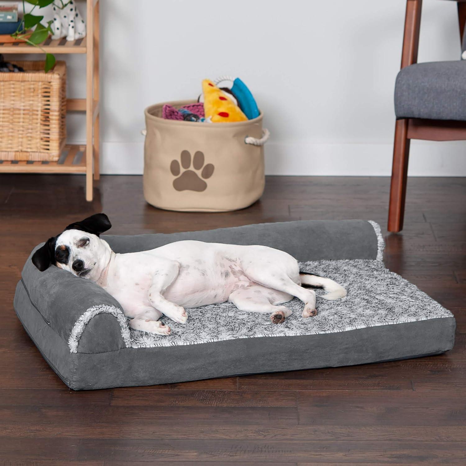 imageFurhaven Memory Foam Dog Bed for MediumSmall Dogs w Removable Bolsters ampamp Washable Cover For Dogs Up to 35 lbs TwoTone Plush Faux Fur ampamp Suede L Shaped Chaise Stone Gray MediumTwoTone Faux Fur Suede Espresso