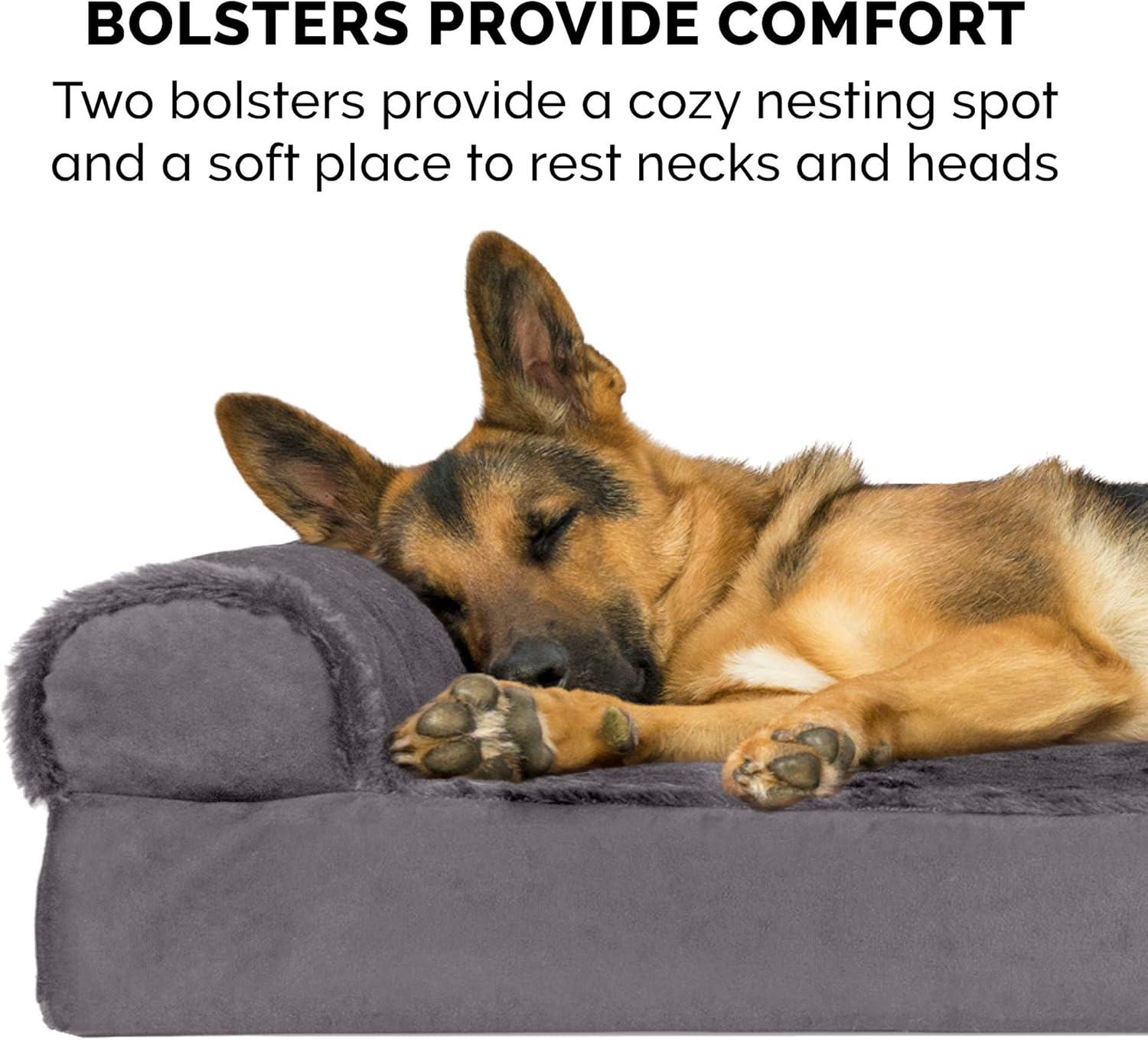 imageFurhaven Memory Foam Dog Bed for MediumSmall Dogs w Removable Bolsters ampamp Washable Cover For Dogs Up to 35 lbs TwoTone Plush Faux Fur ampamp Suede L Shaped Chaise Stone Gray MediumTwoTone Faux Fur Suede Espresso
