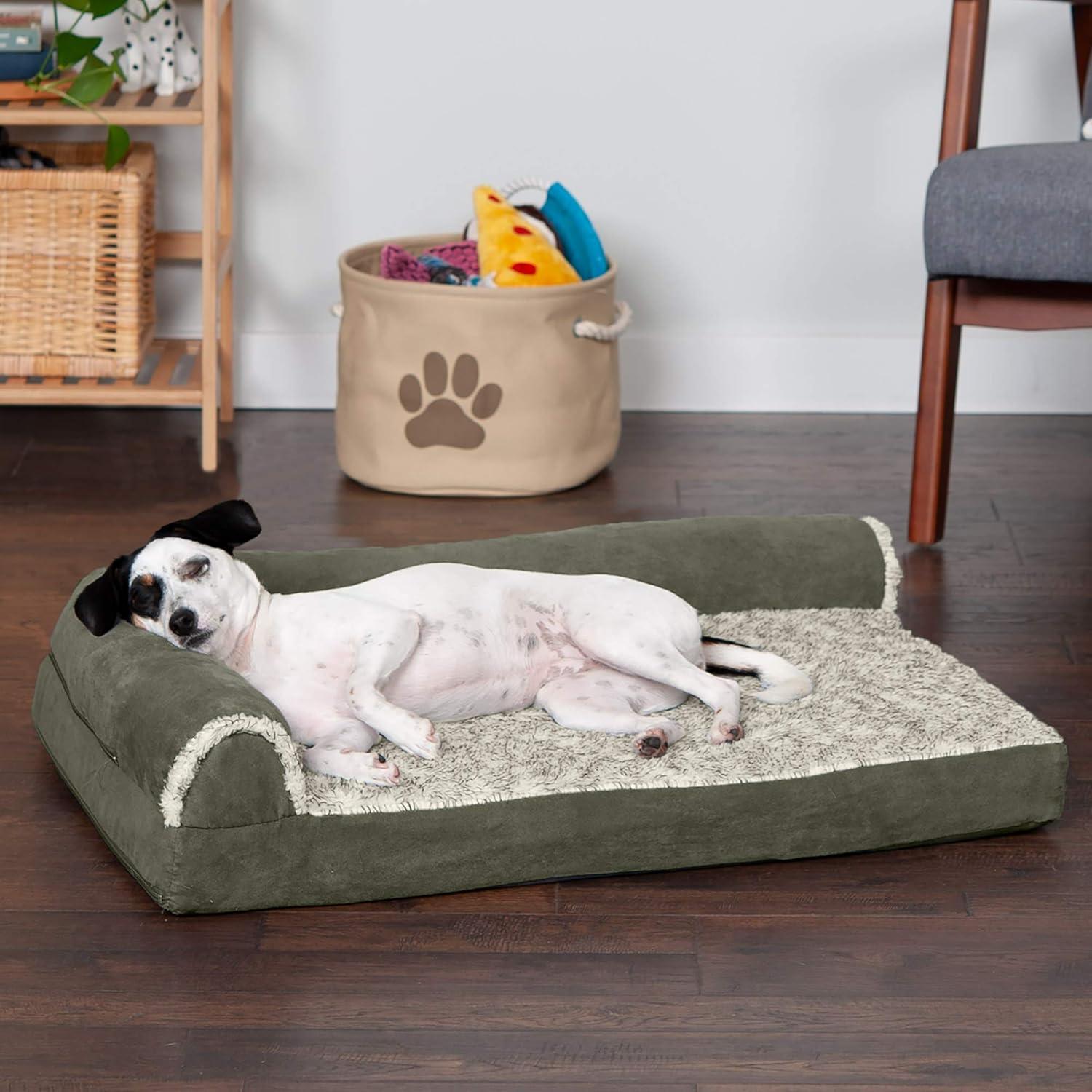 imageFurhaven Memory Foam Dog Bed for MediumSmall Dogs w Removable Bolsters ampamp Washable Cover For Dogs Up to 35 lbs TwoTone Plush Faux Fur ampamp Suede L Shaped Chaise Stone Gray MediumTwoTone Faux Fur Suede Dark Sage
