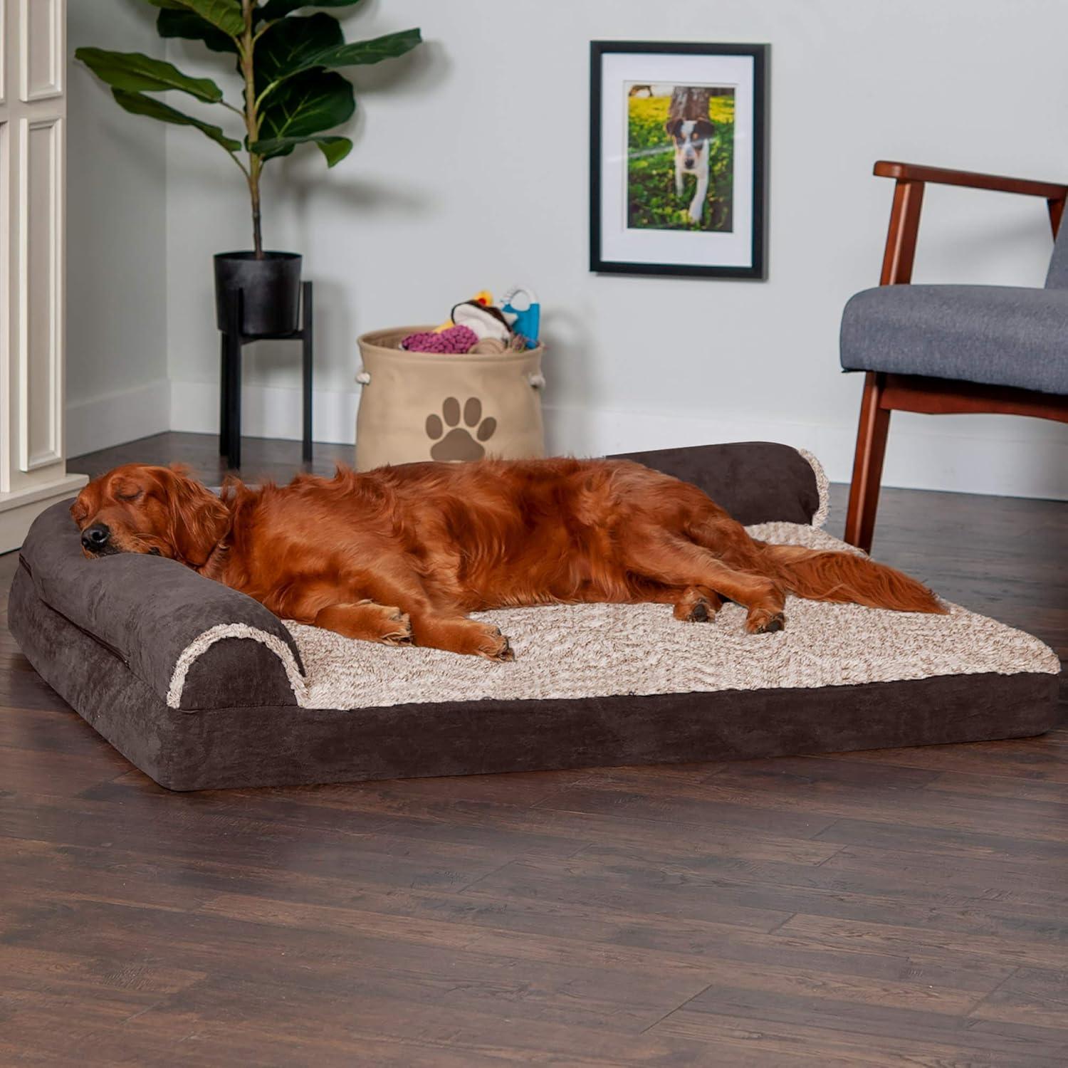 imageFurhaven Memory Foam Dog Bed for MediumSmall Dogs w Removable Bolsters ampamp Washable Cover For Dogs Up to 35 lbs TwoTone Plush Faux Fur ampamp Suede L Shaped Chaise Stone Gray MediumPlush Almond Print Blue Almonds