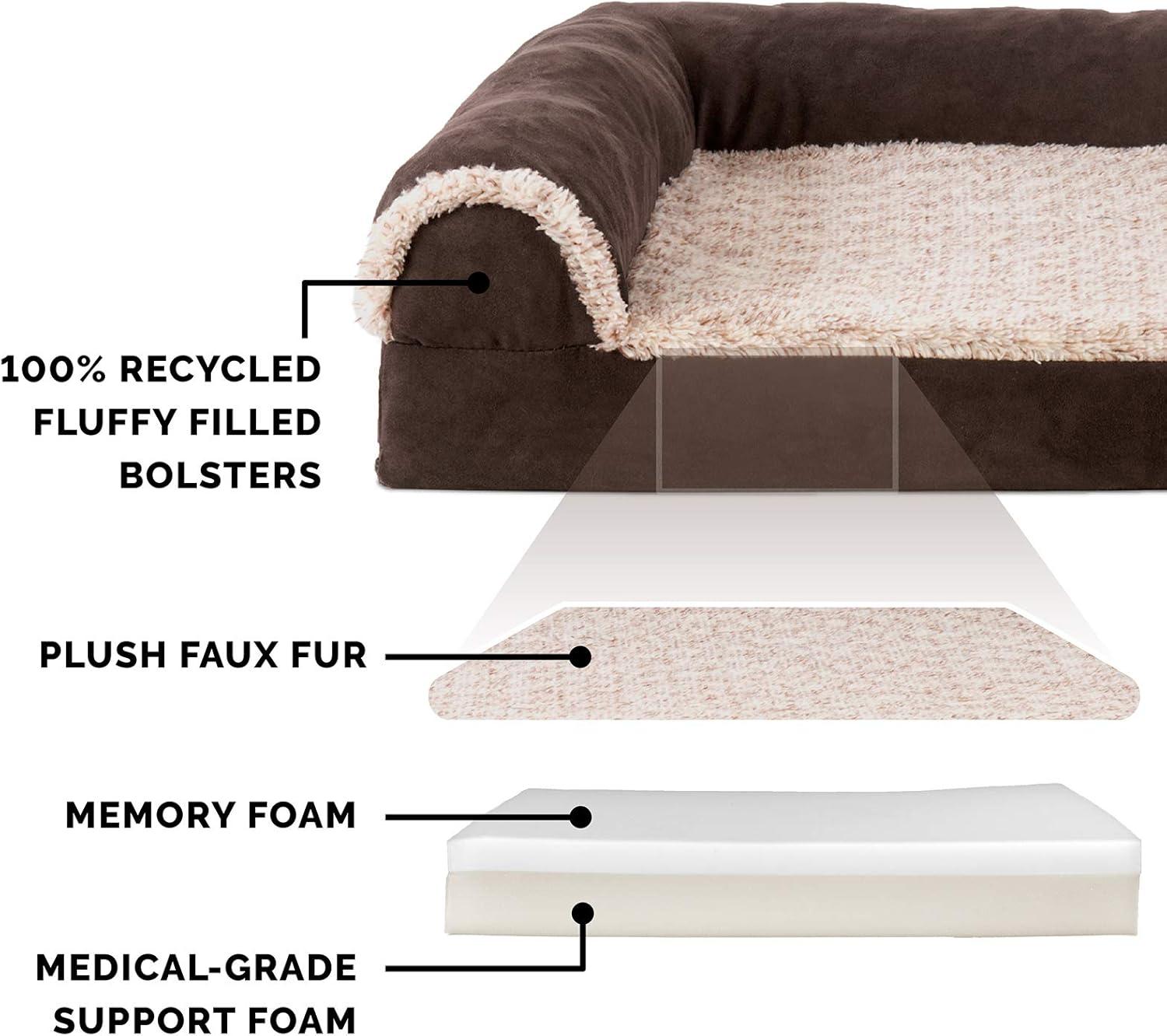 imageFurhaven Memory Foam Dog Bed for MediumSmall Dogs w Removable Bolsters ampamp Washable Cover For Dogs Up to 35 lbs TwoTone Plush Faux Fur ampamp Suede L Shaped Chaise Stone Gray MediumPlush Velvet Deep Sapphire