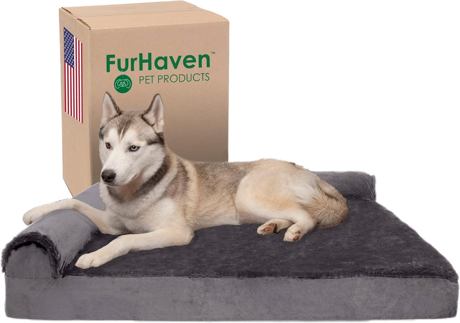 imageFurhaven Memory Foam Dog Bed for MediumSmall Dogs w Removable Bolsters ampamp Washable Cover For Dogs Up to 35 lbs TwoTone Plush Faux Fur ampamp Suede L Shaped Chaise Stone Gray MediumPlush Velvet Deep Sapphire