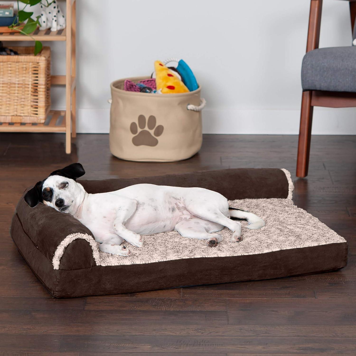imageFurhaven Memory Foam Dog Bed for MediumSmall Dogs w Removable Bolsters ampamp Washable Cover For Dogs Up to 35 lbs TwoTone Plush Faux Fur ampamp Suede L Shaped Chaise Stone Gray MediumPlush Velvet Deep Sapphire