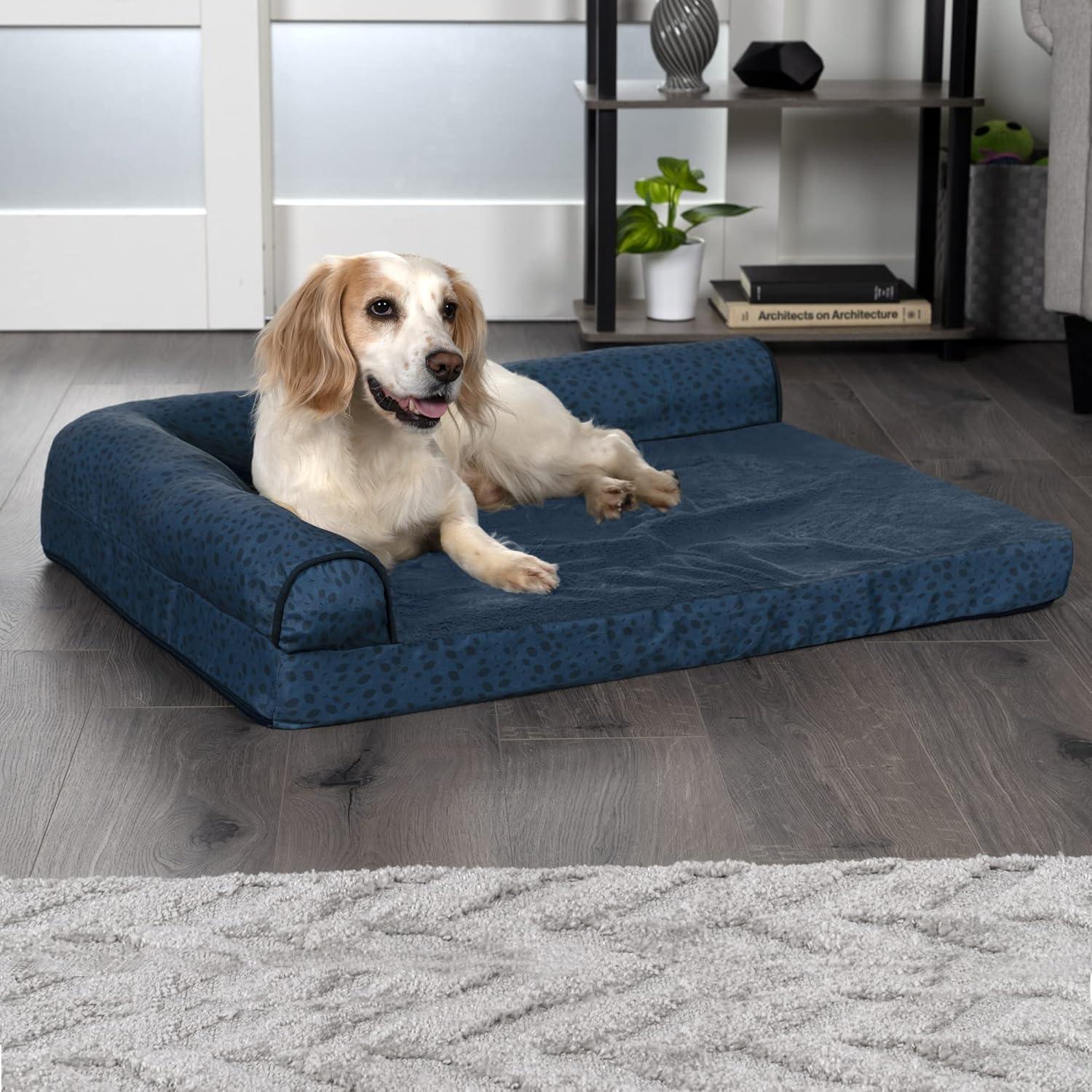 imageFurhaven Memory Foam Dog Bed for MediumSmall Dogs w Removable Bolsters ampamp Washable Cover For Dogs Up to 35 lbs TwoTone Plush Faux Fur ampamp Suede L Shaped Chaise Stone Gray MediumPlush Almond Print Blue Almonds