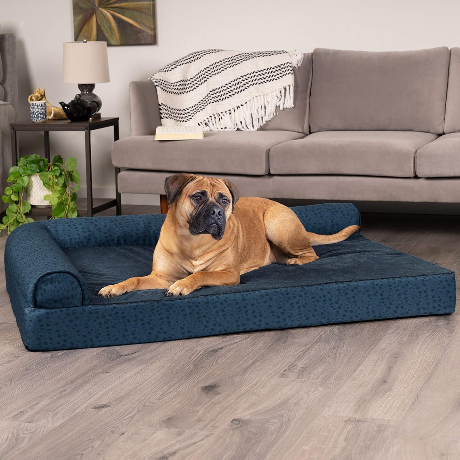 imageFurhaven Memory Foam Dog Bed for MediumSmall Dogs w Removable Bolsters ampamp Washable Cover For Dogs Up to 35 lbs TwoTone Plush Faux Fur ampamp Suede L Shaped Chaise Stone Gray MediumTwoTone Faux Fur Suede Dark Sage
